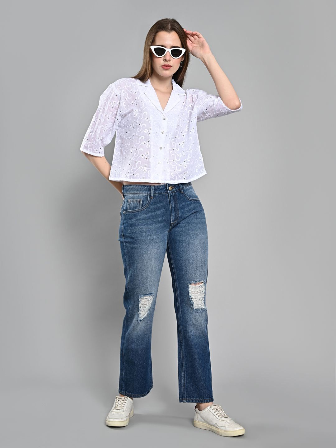 

IZEL Women Spread Collar Solid Cotton Casual Shirt, White