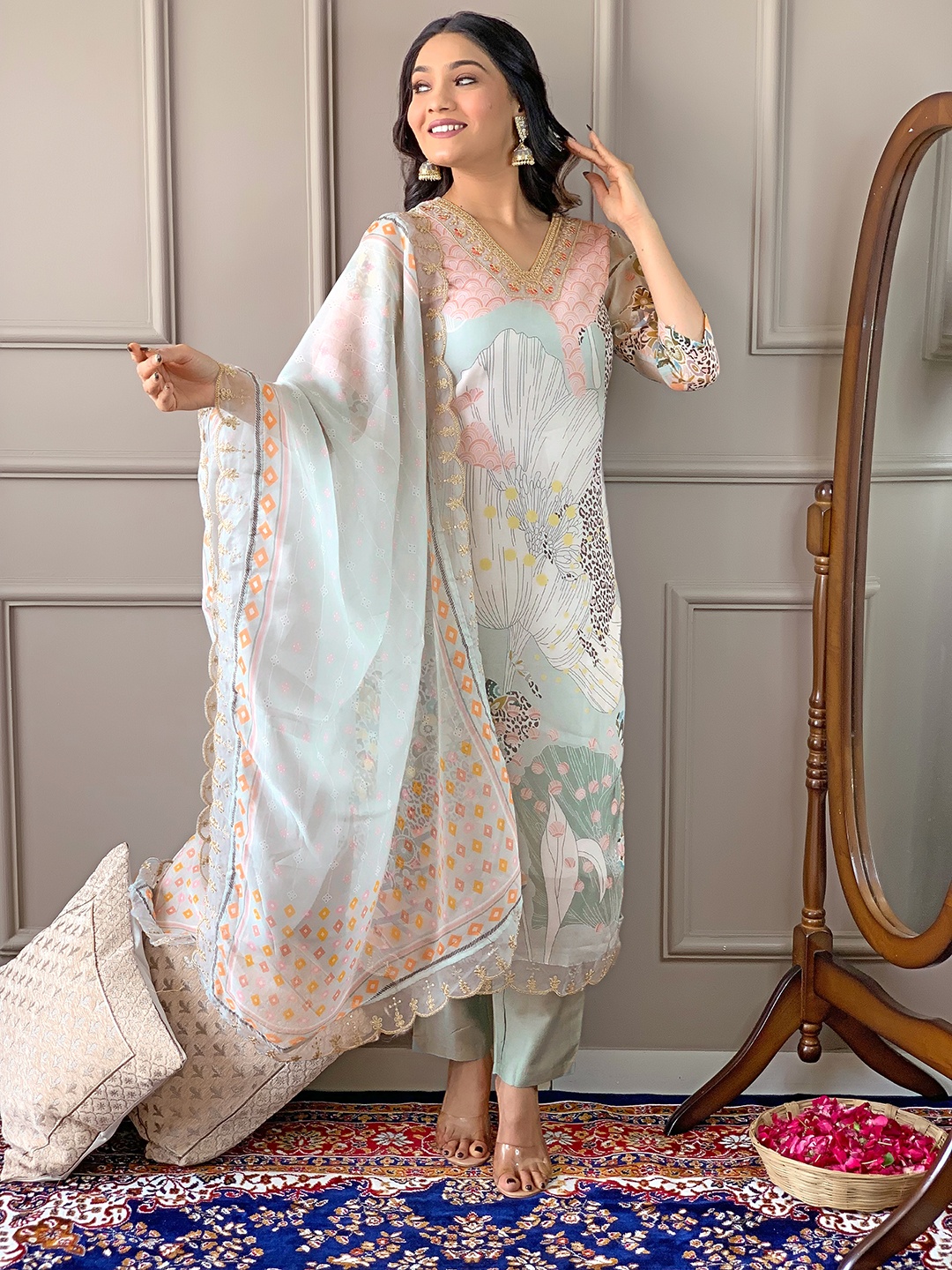 

JAPNAAM Floral Printed Embroidered V Neck Kurta With Trousers & Dupatta, Off white