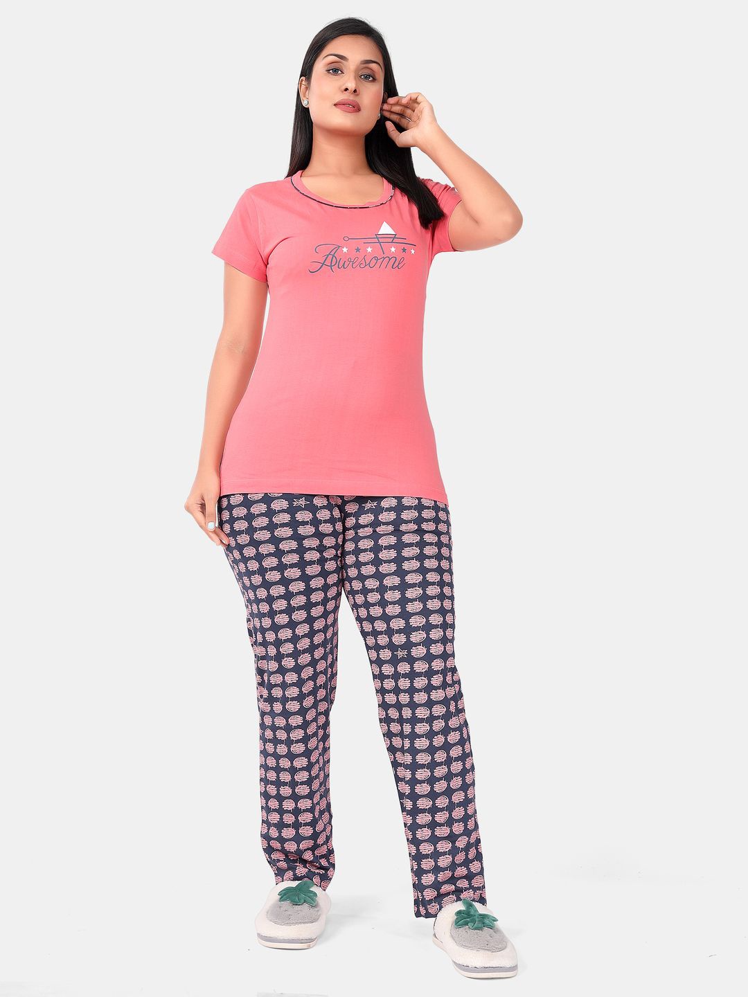 

SWEET MOON Printed Round Neck T-Shirt With Pyjama, Peach