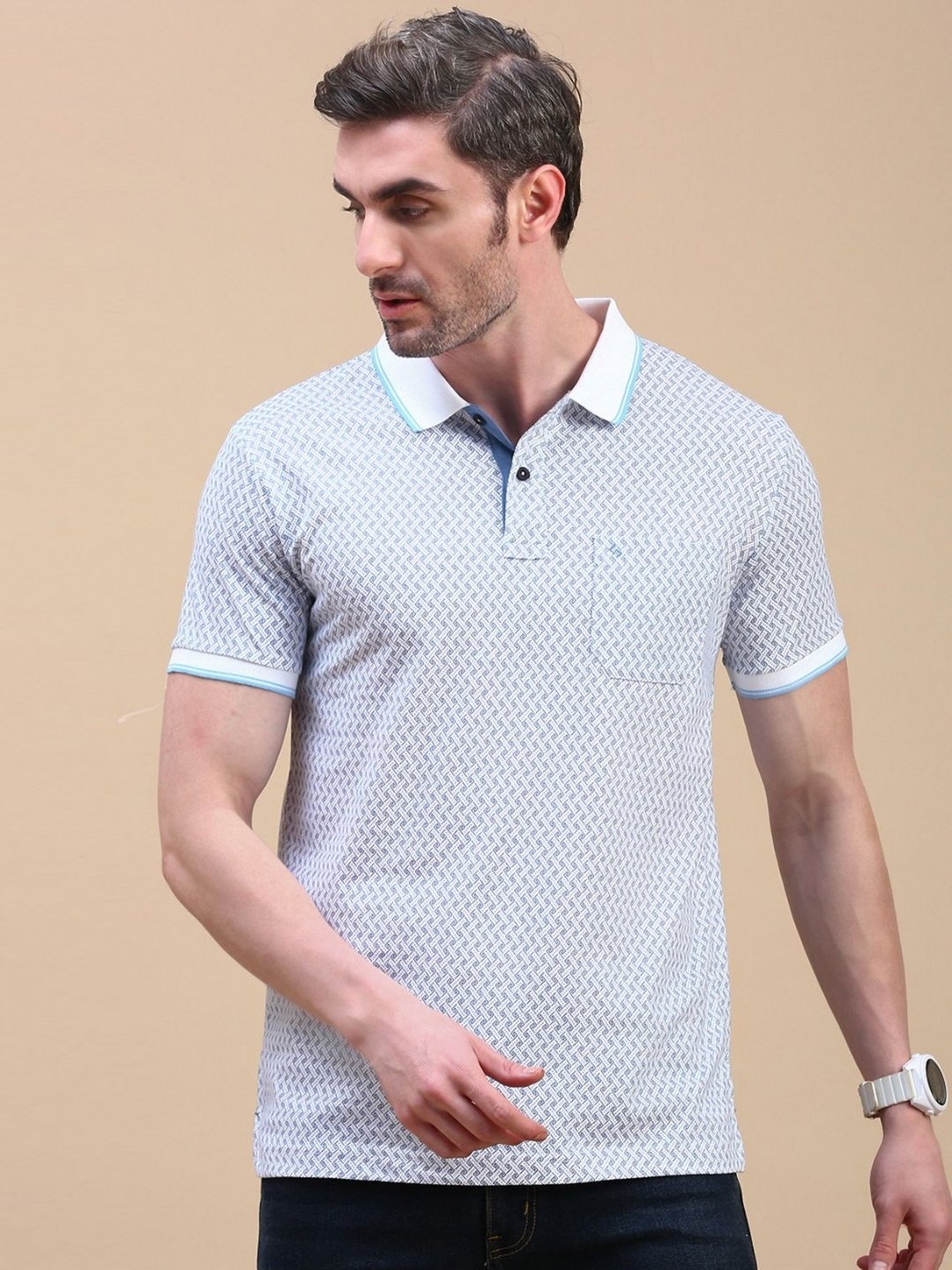 

Classic Polo Men Geometric Printed Polo Collar Cotton Slim Fit T-shirt, White