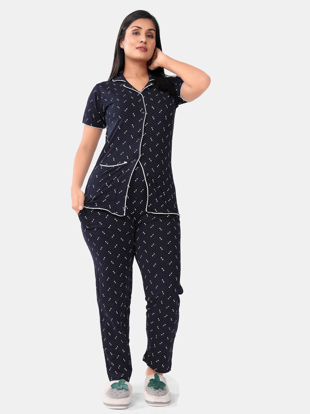 

SWEET MOON Polka Dots Printed Short Sleeves Shirt With Pyjama, Navy blue
