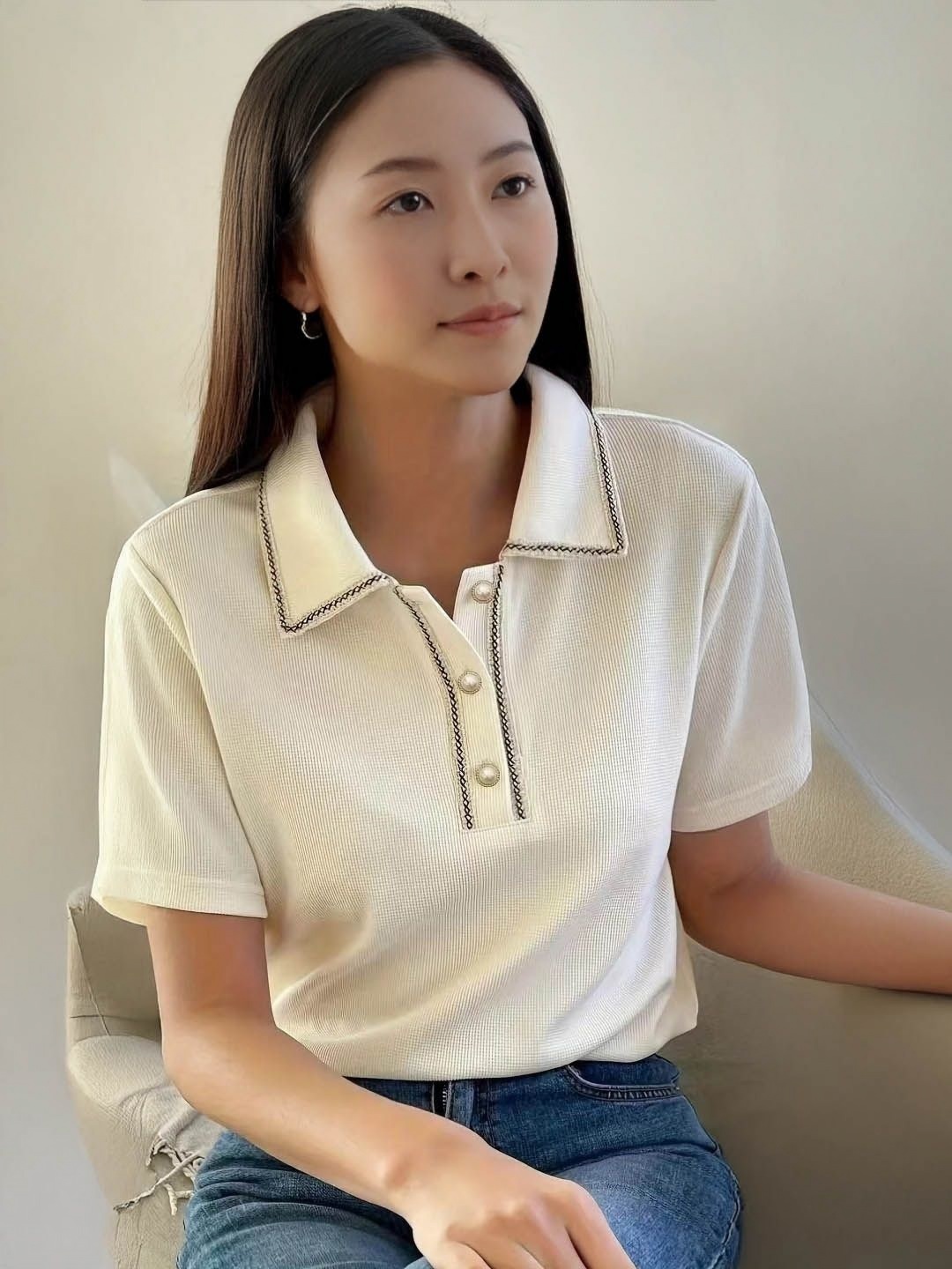 

StyleCast Women Solid Polo Collar Cotton T-shirt, Off white