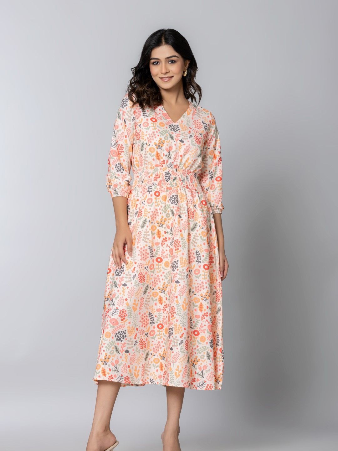 

Aanys Culture Floral Print Puff Sleeve Crepe Fit & Flare Midi Dress, White