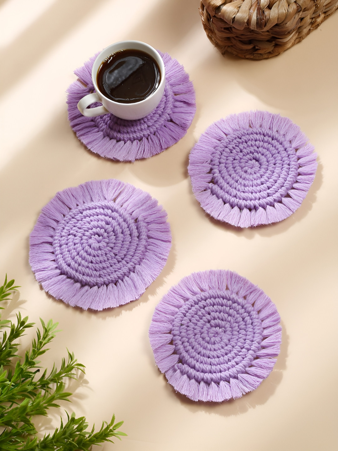 

My Creative Hut Lavender 4 Pcs Round Shape Macrame Coasters