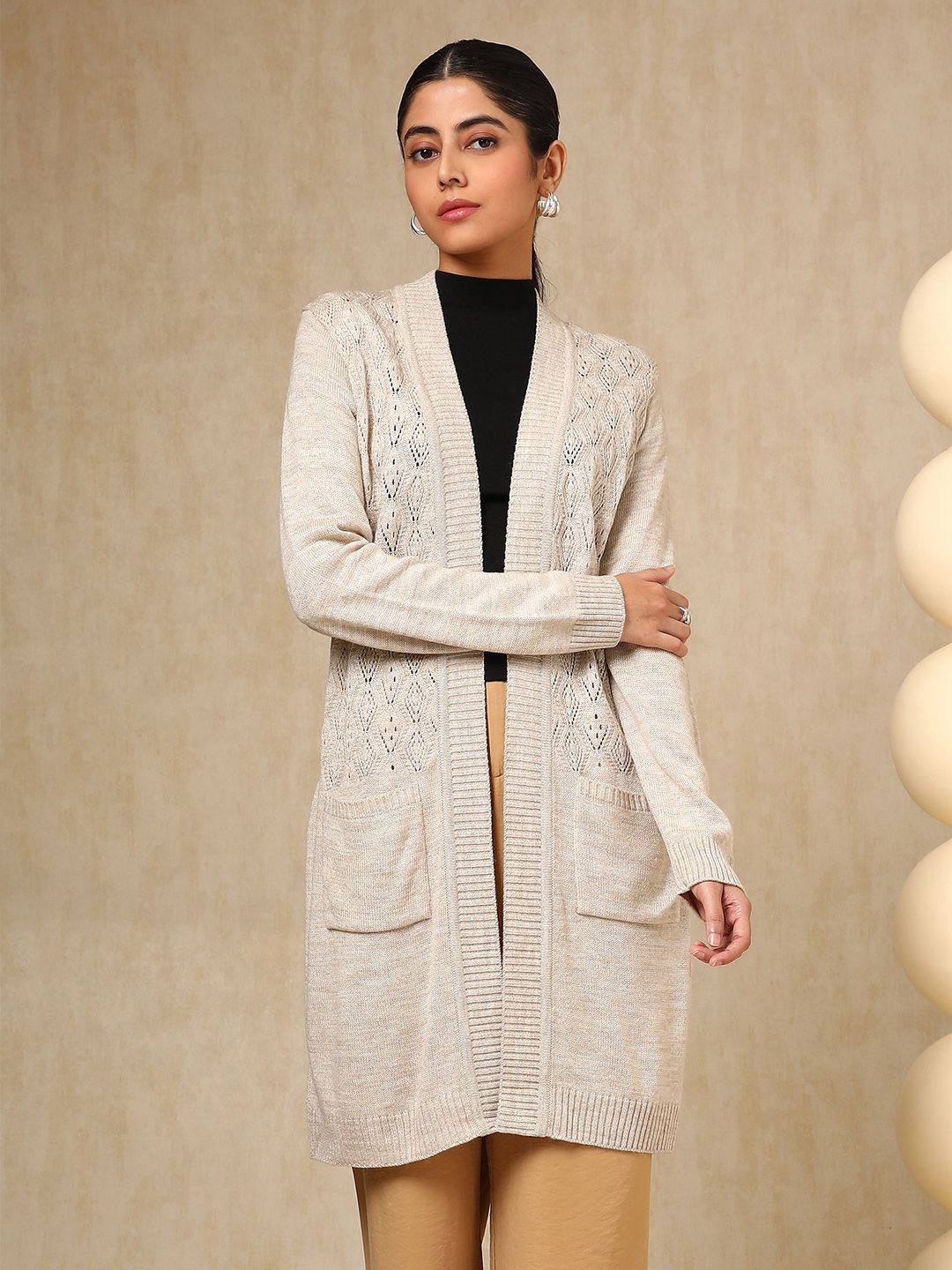 

Soch Off White Self Design Longline Open Front Shrug