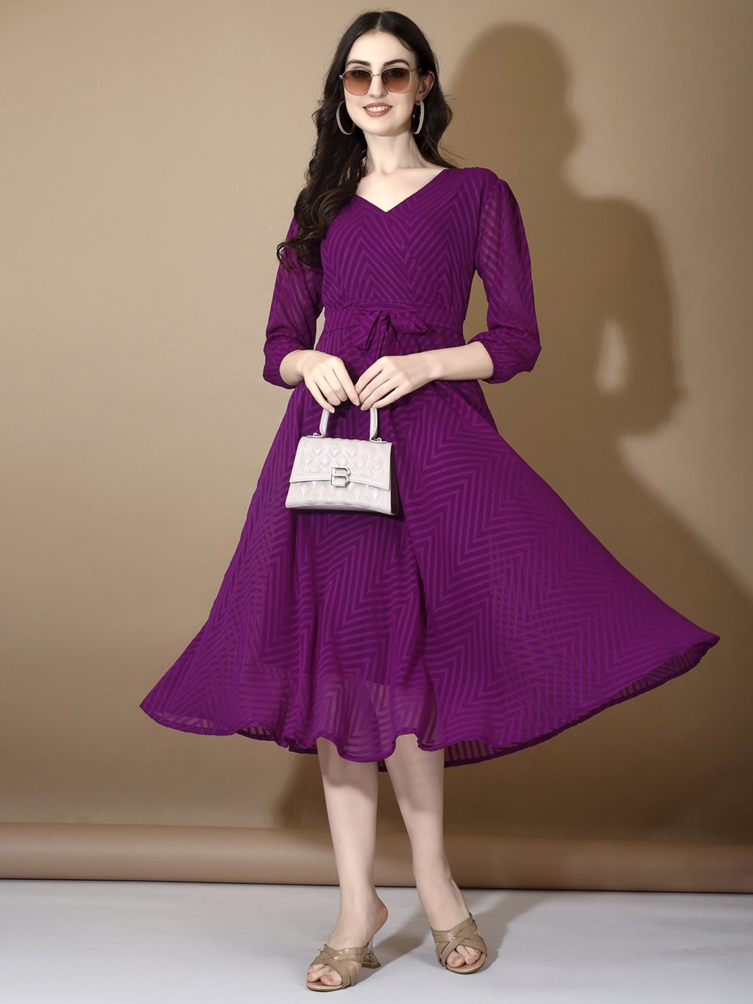 

CORSICA Polka Dot Striped Layered Georgette A-Line Midi Dress, Purple