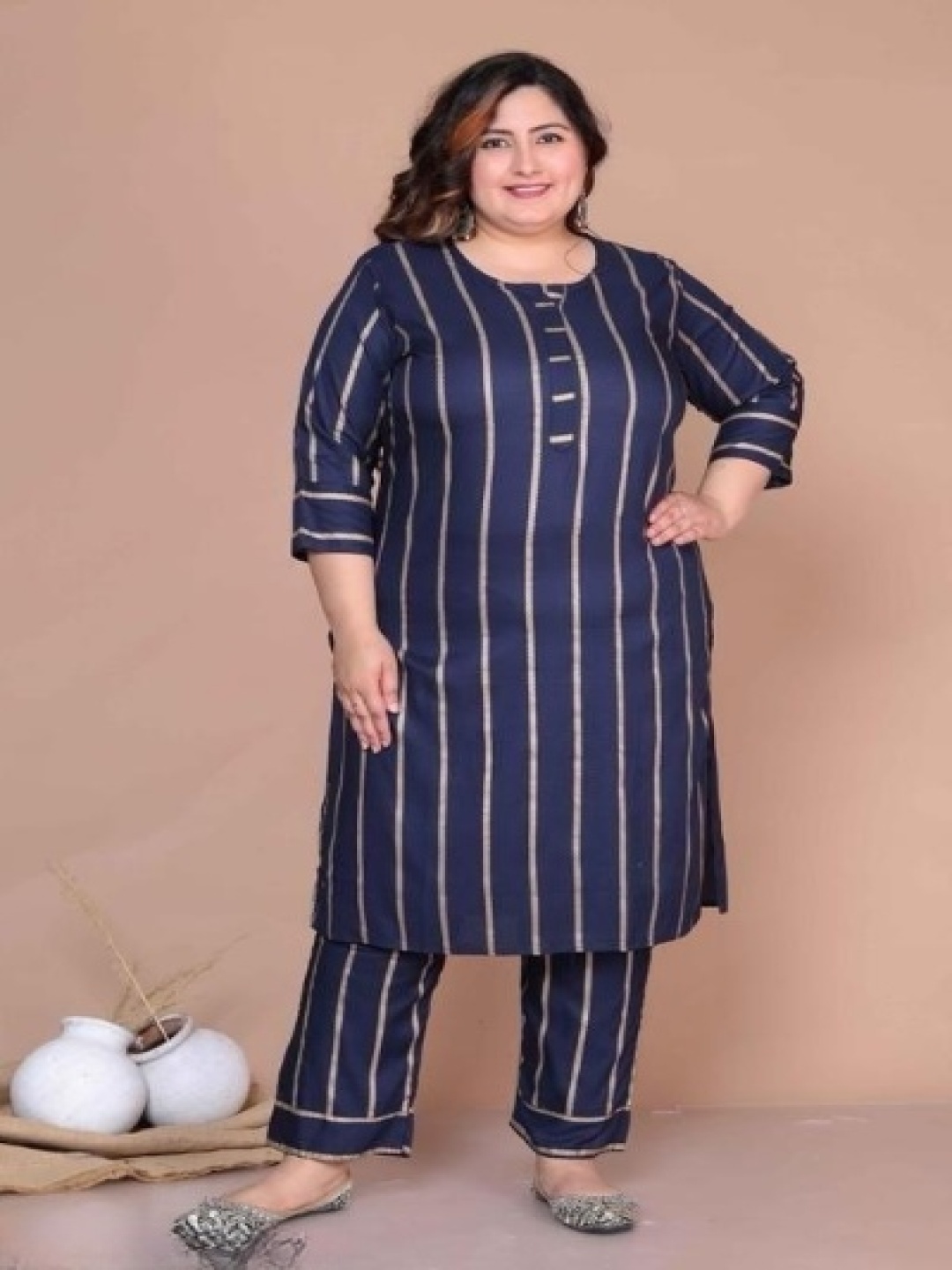 

KALINI Striped Printed Kurta With Trouser And Dupatta, Navy blue