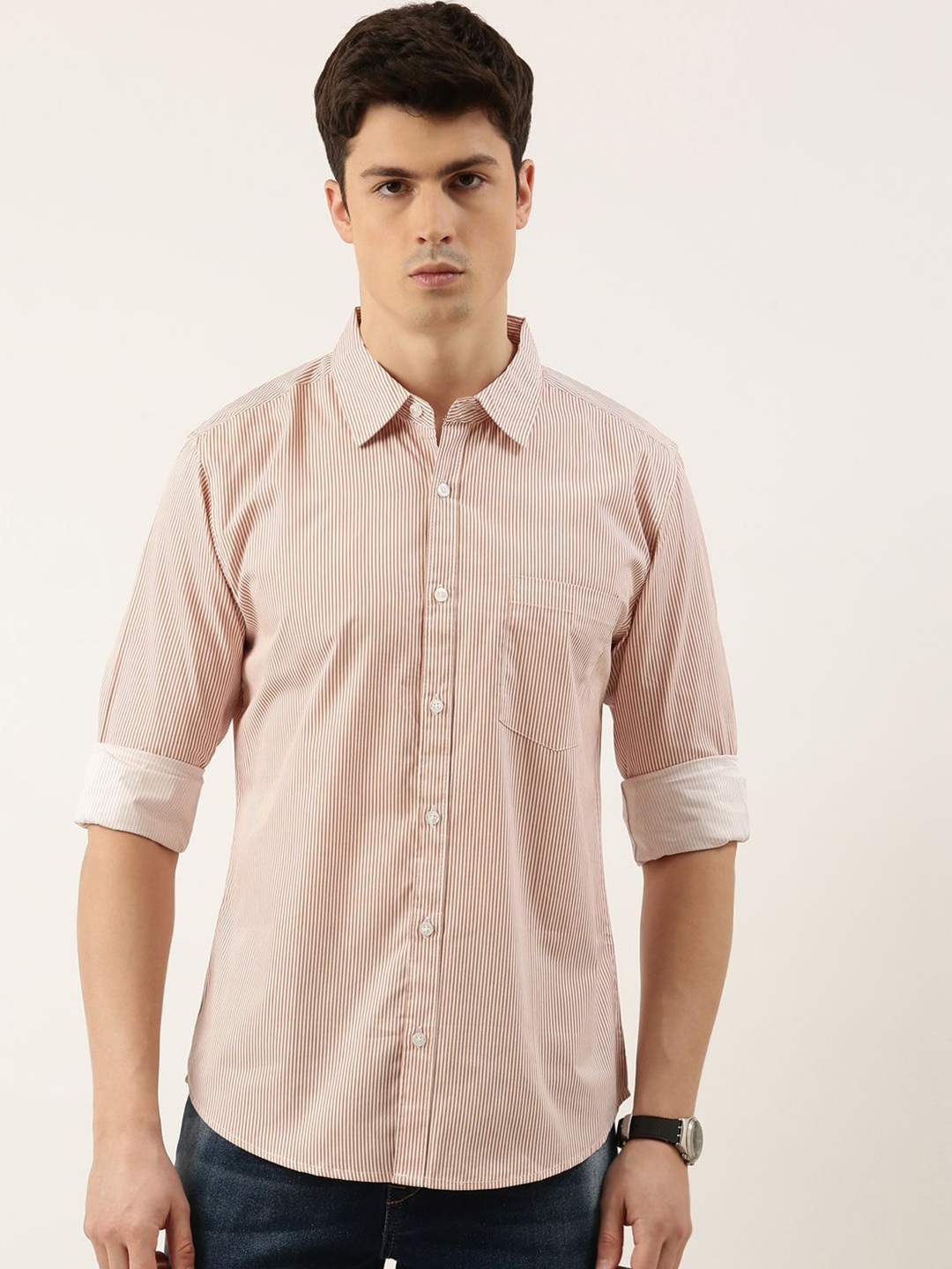 

Metronaut Men Spread Collar Vertical Striped Cotton Casual Shirt, Rust