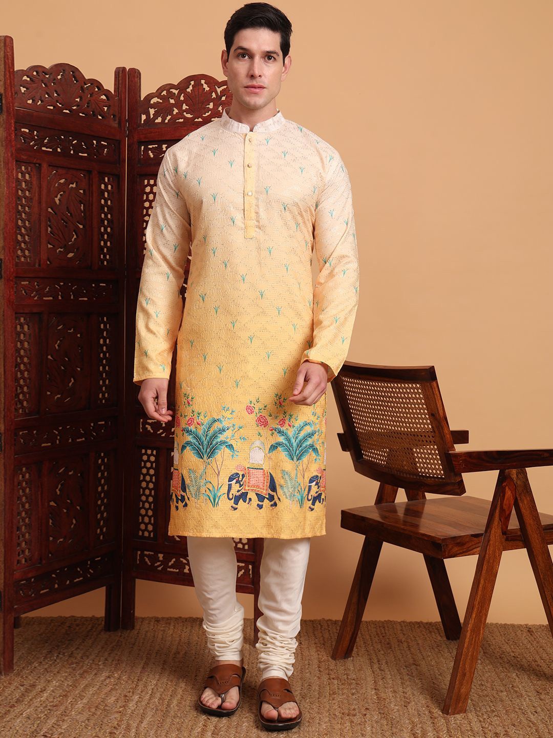 

House of Pataudi Floral Printed Mandarin Collar Thread Work Straight Kurta, Yellow