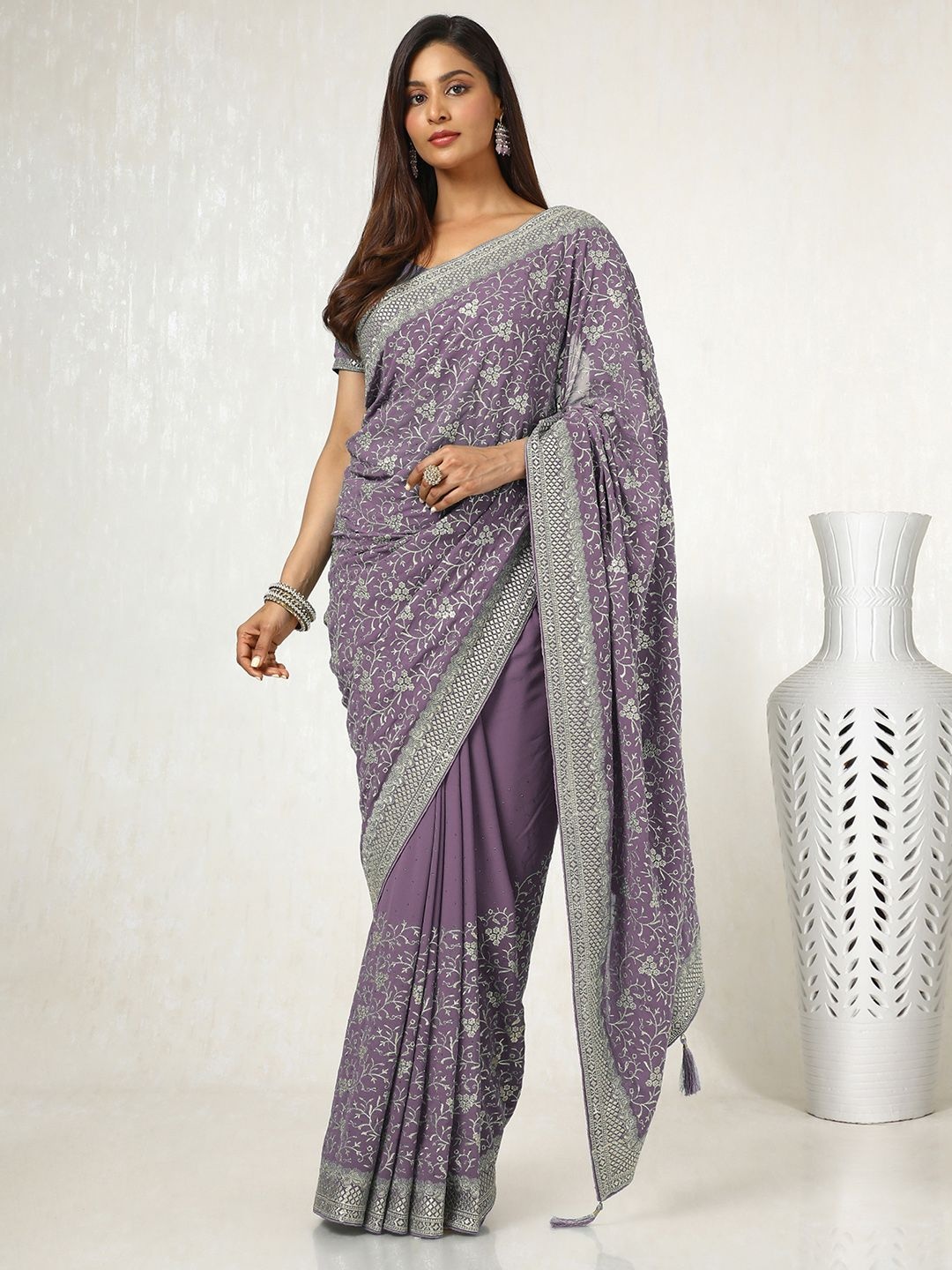 

Soch Embellished Beads and Stones Pure Georgette Saree, Lavender