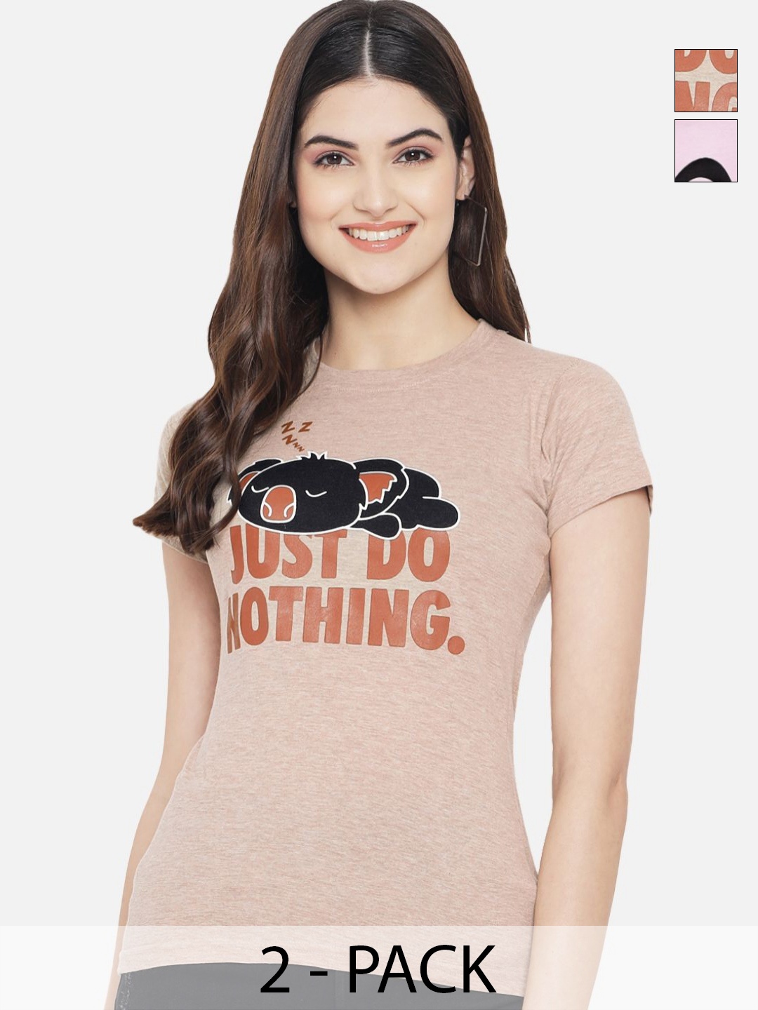 

Dreambe Women Pack Of 2 Typography Printed Round Neck Cotton T-shirts, Beige