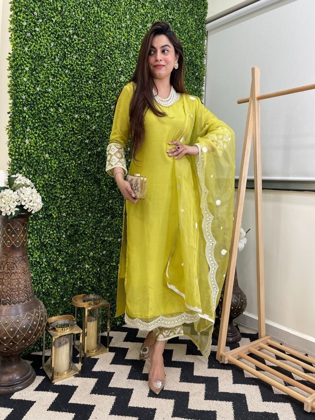 

Fashion Ritmo V-Neck Chanderi Silk Kurta With Trouser And Dupatta, Lime green