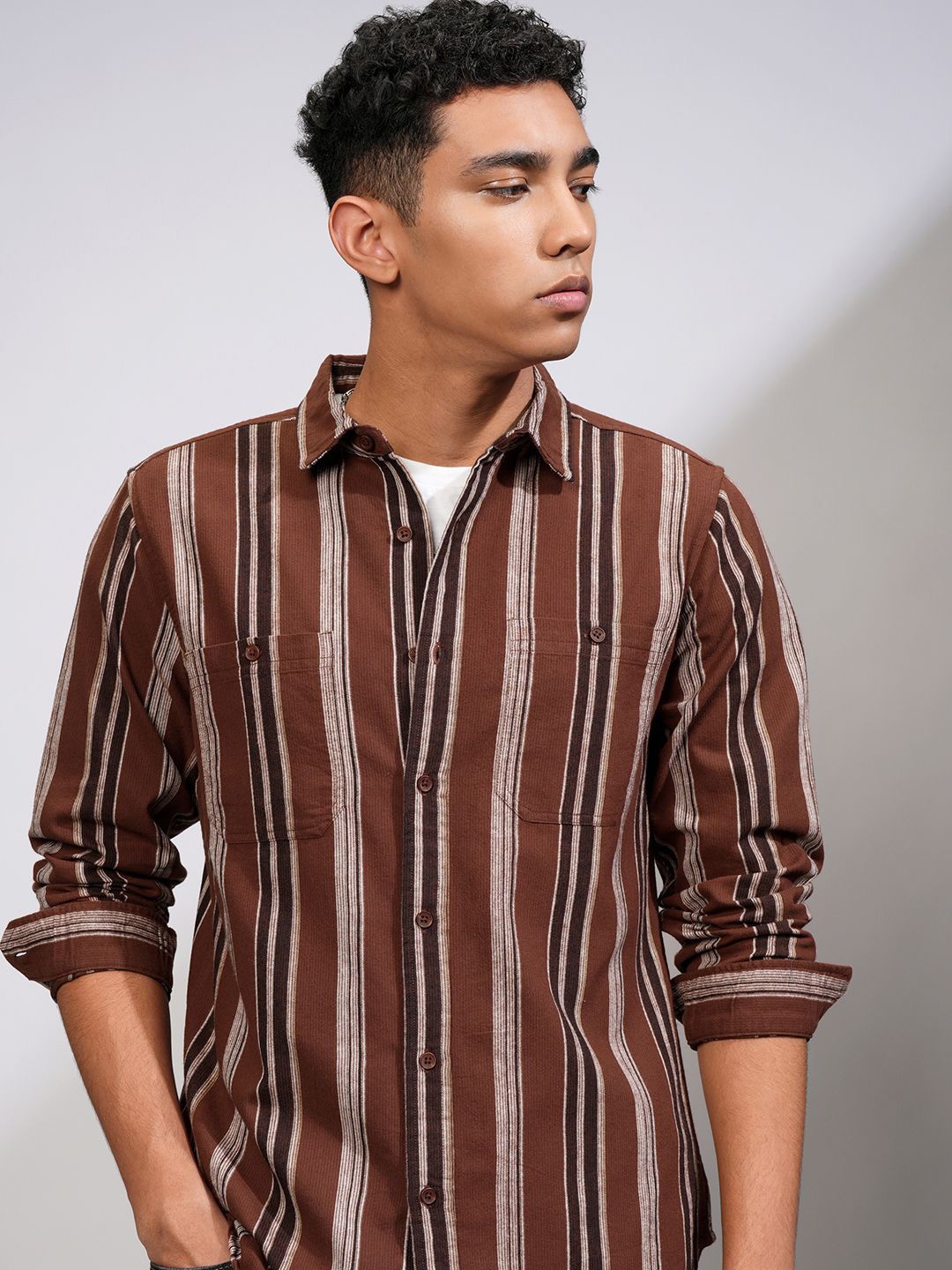 

HIGHLANDER Men Flannel Textured Striped Casual Shirt, Rust