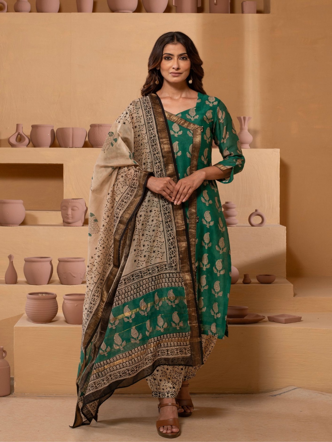 

Kasturi Creations Paisley Printed V-Neck Angrakha Straight Kurta With Salwar & Dupatta, Green