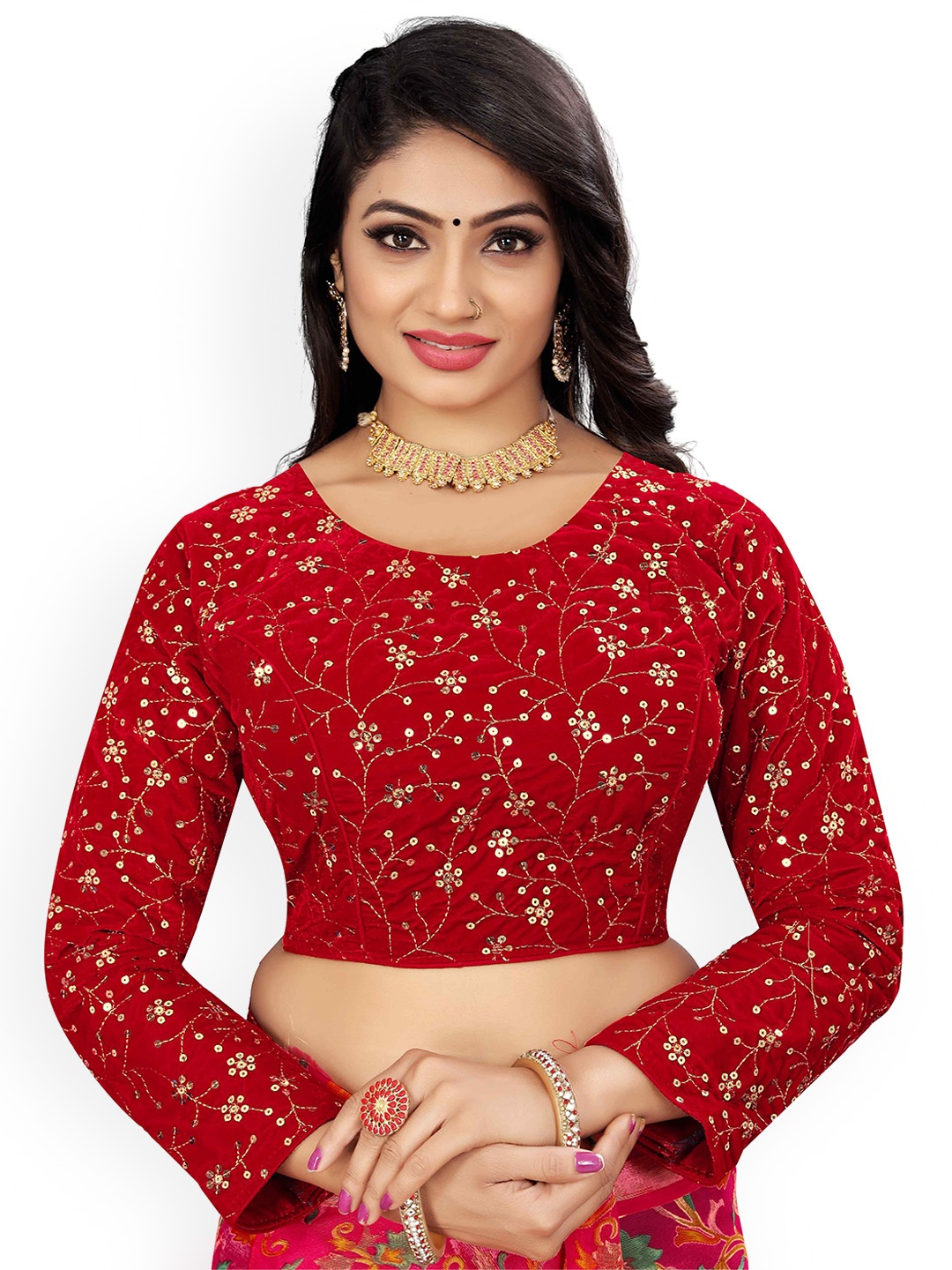 

HERE&NOW Embroidered Round Neck Saree Blouse, Red