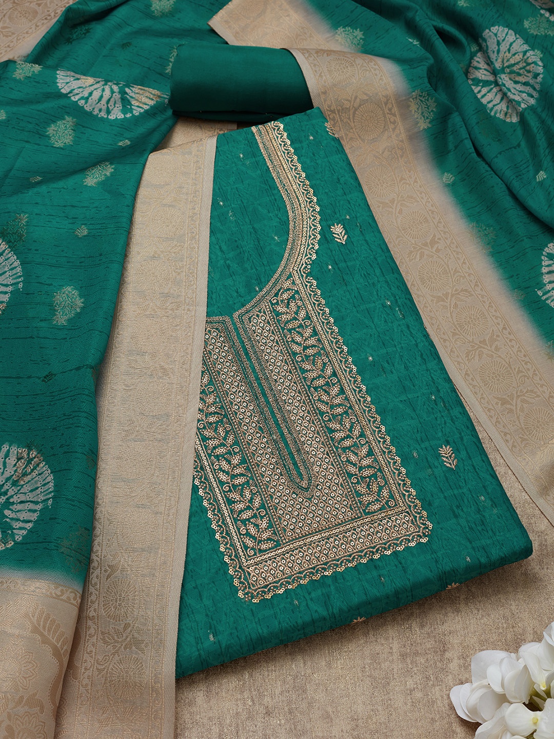 

Soch Ethnic Motifs Printed Beads And Stones Embroidered Unstitched Dress Material, Teal