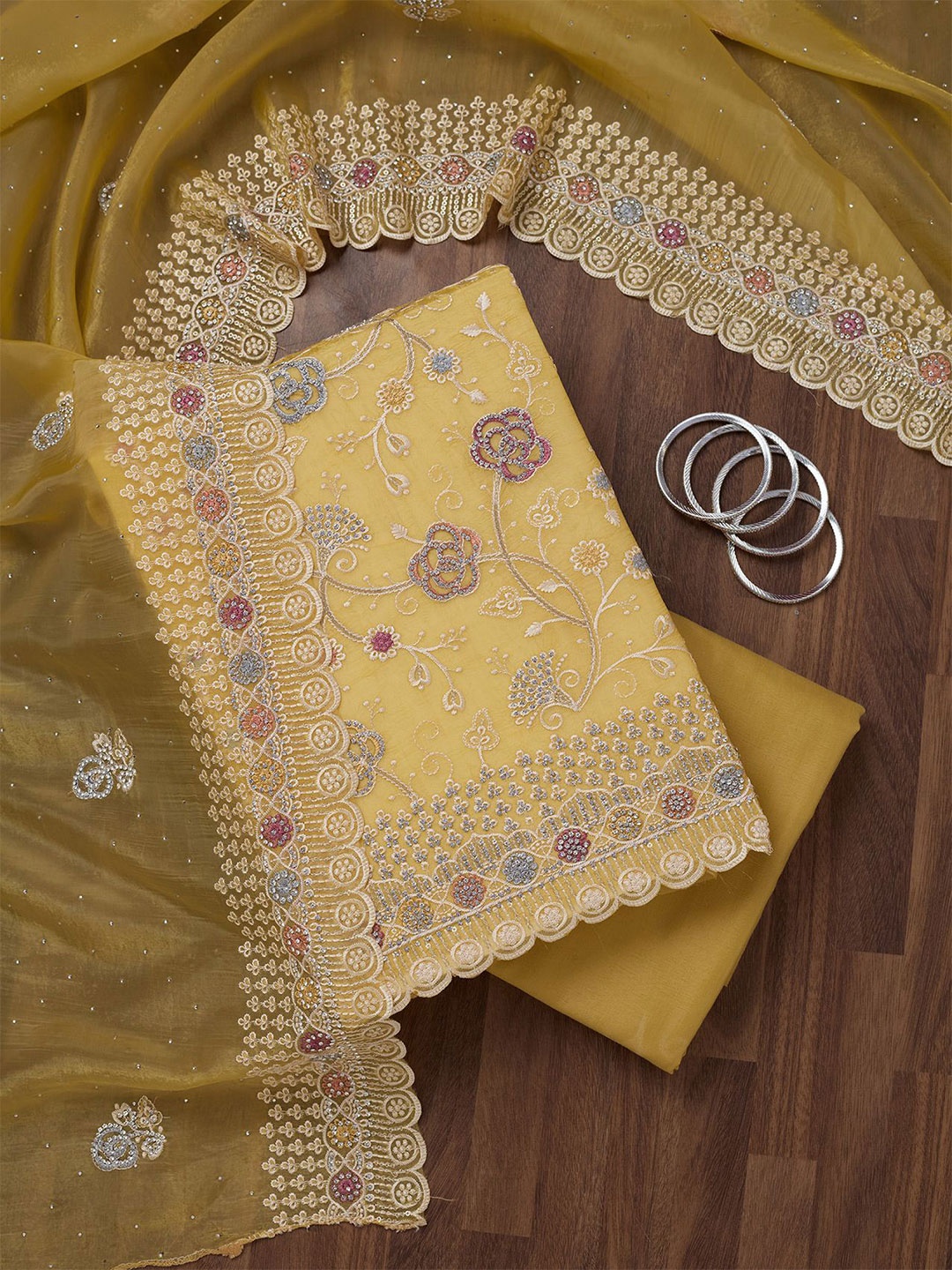 

Koskii Floral Embroidered Beads and Stones Unstitched Dress Material, Gold