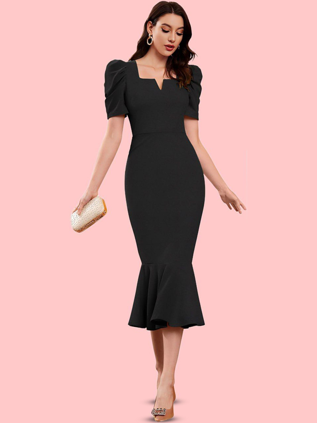 

Moda Rapido Puff Sleeve Bodycon Midi Dress, Black