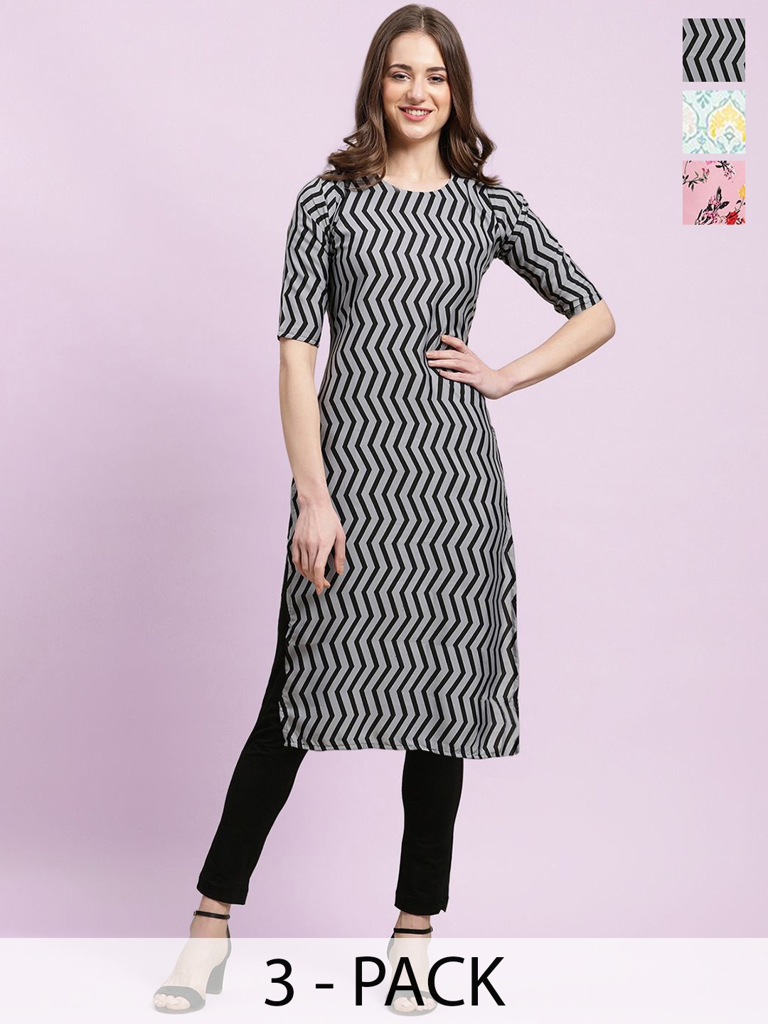 

Moda Rapido Selection of 3 Chevron Printed Round Neck Straight Kurtas, Grey