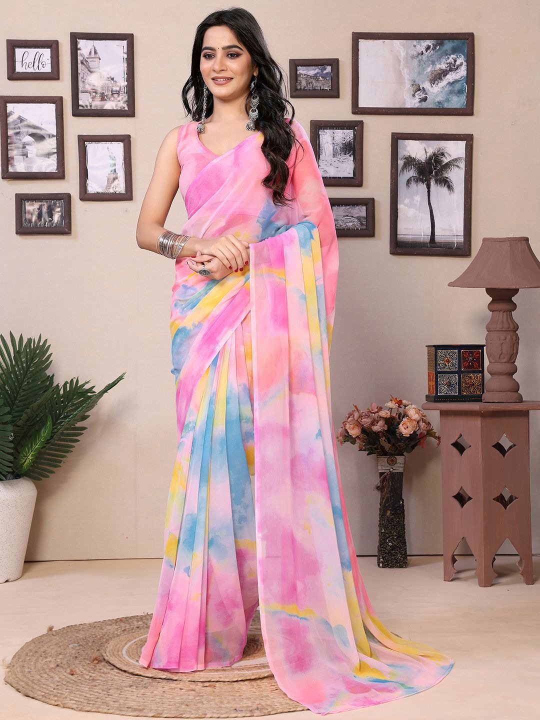 

DIVASTRI Tie and Dye Ready to Wear Saree With Unstitched Blouse Piece, Pink