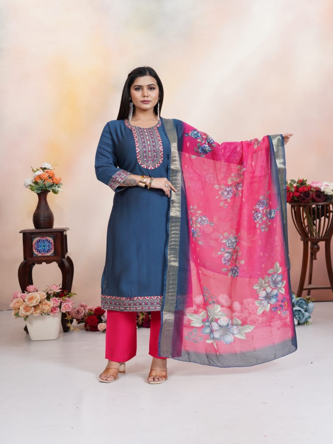 

Maheesha Floral Embroidered Round Neck Kurta With Trousers And Dupatta, Navy blue