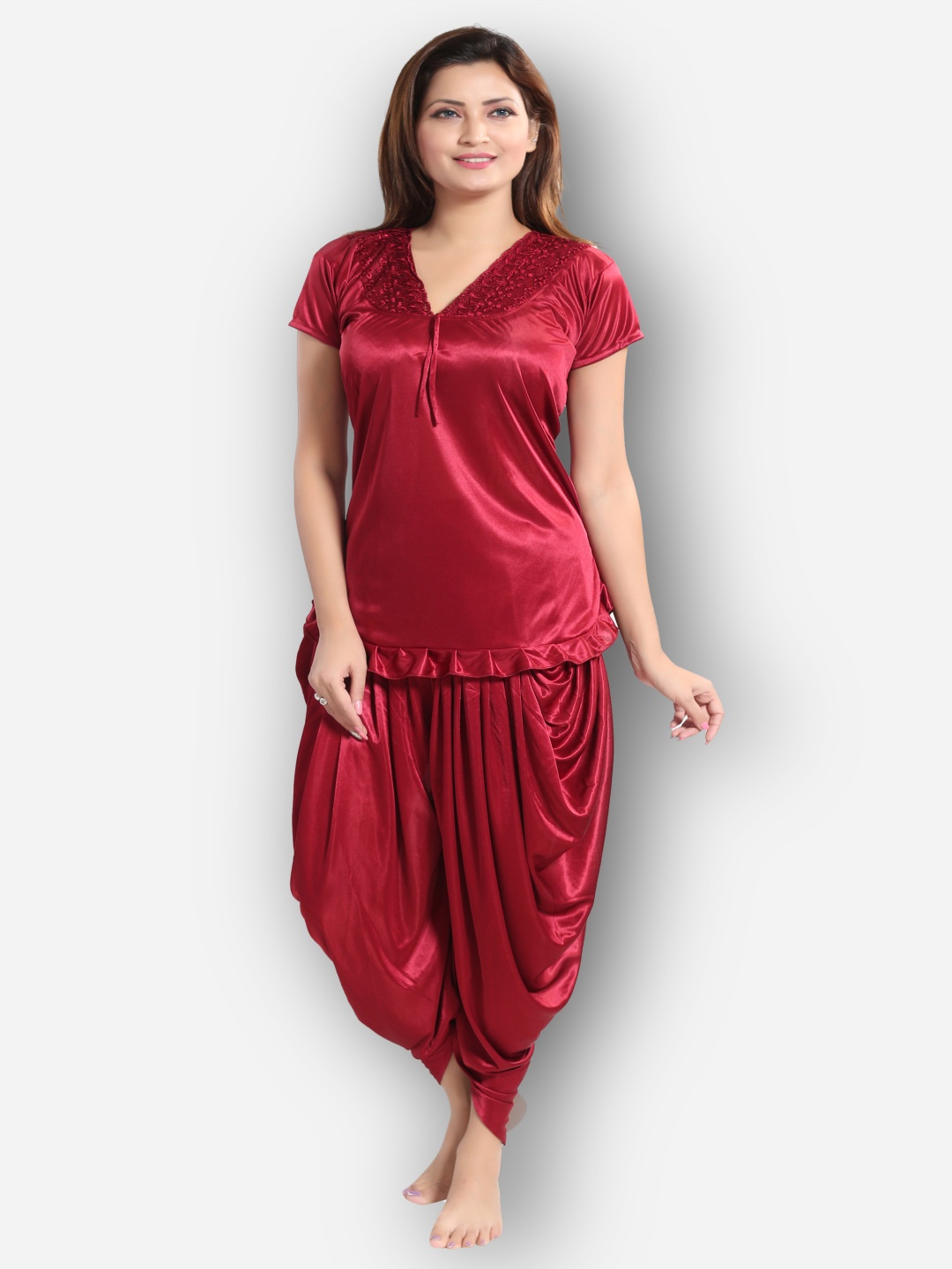 

Dreambe Women Top And Dhoti Satin Night suit, Maroon