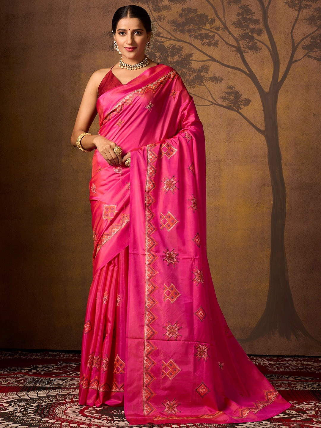 

NITARAA Ethnic Motifs Silk Blend Ilkal Saree, Pink