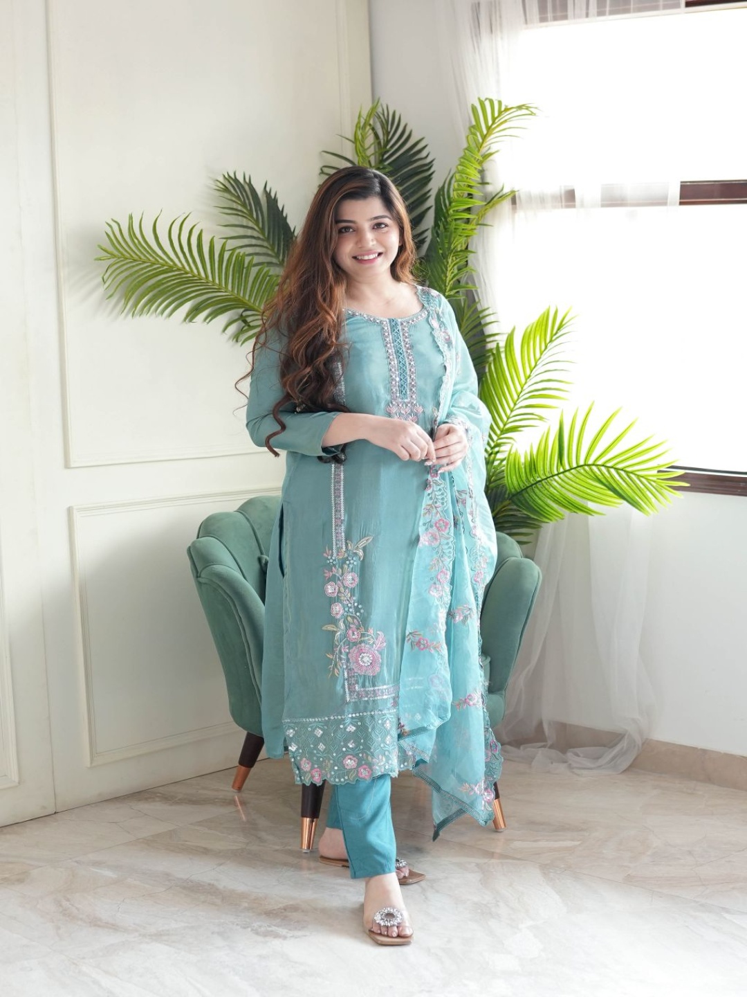 

KALINI Floral Embroidered Sequinned Work Round Neck Straight Kurta With Trousers & Dupatta, Blue