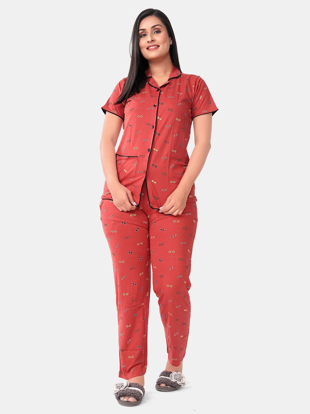 

SWEET MOON Printed Short Sleeves Shirt With Pyjama, Red