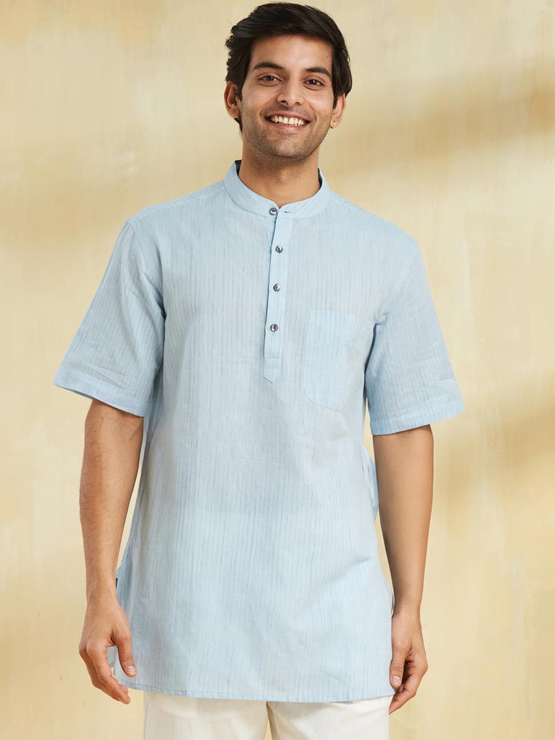 

Fabindia Striped Mandarin Collar Pure Cotton Straight Kurta, Blue