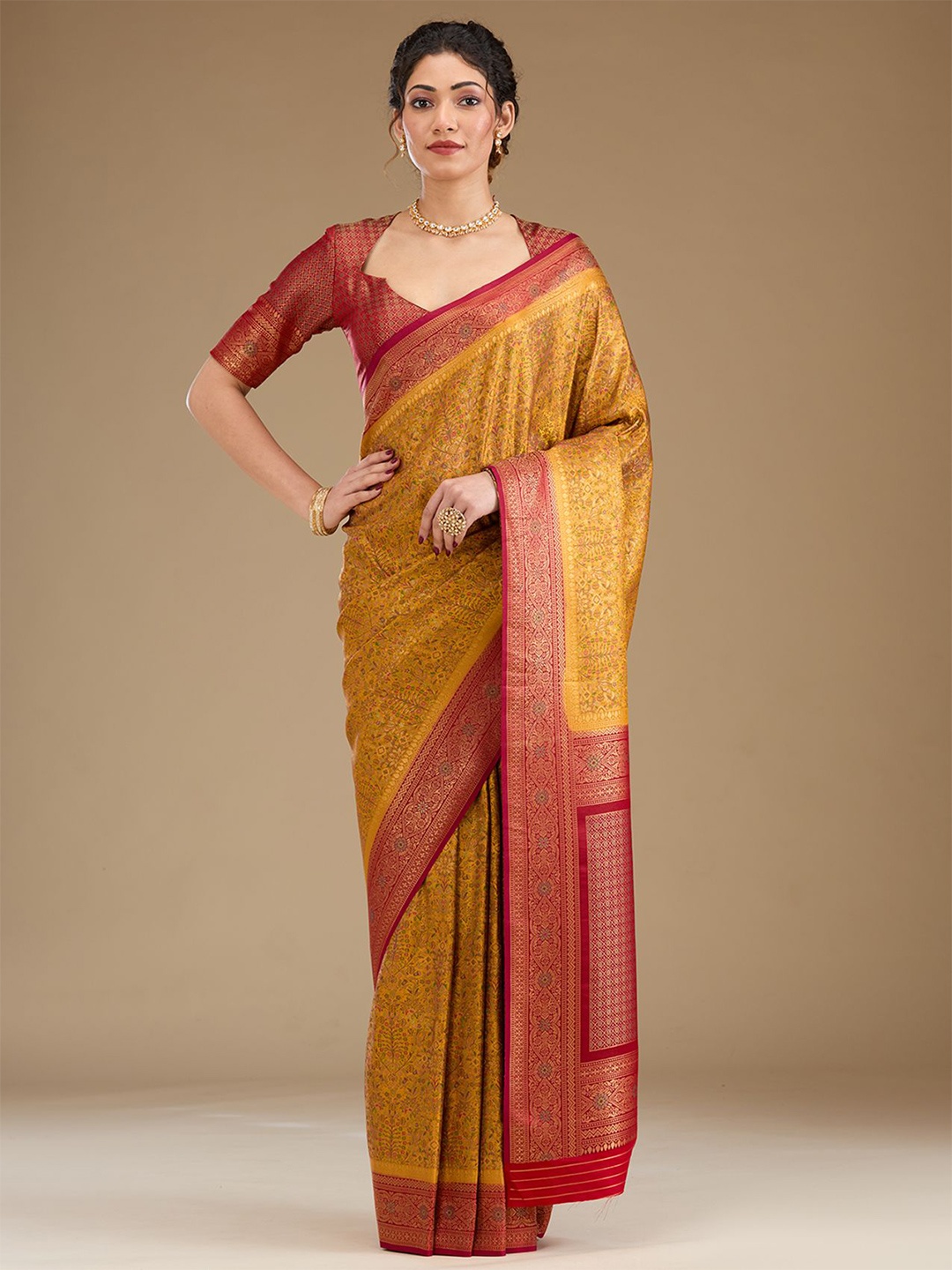 

Koskii Mustard Zariwork Art Silk Saree