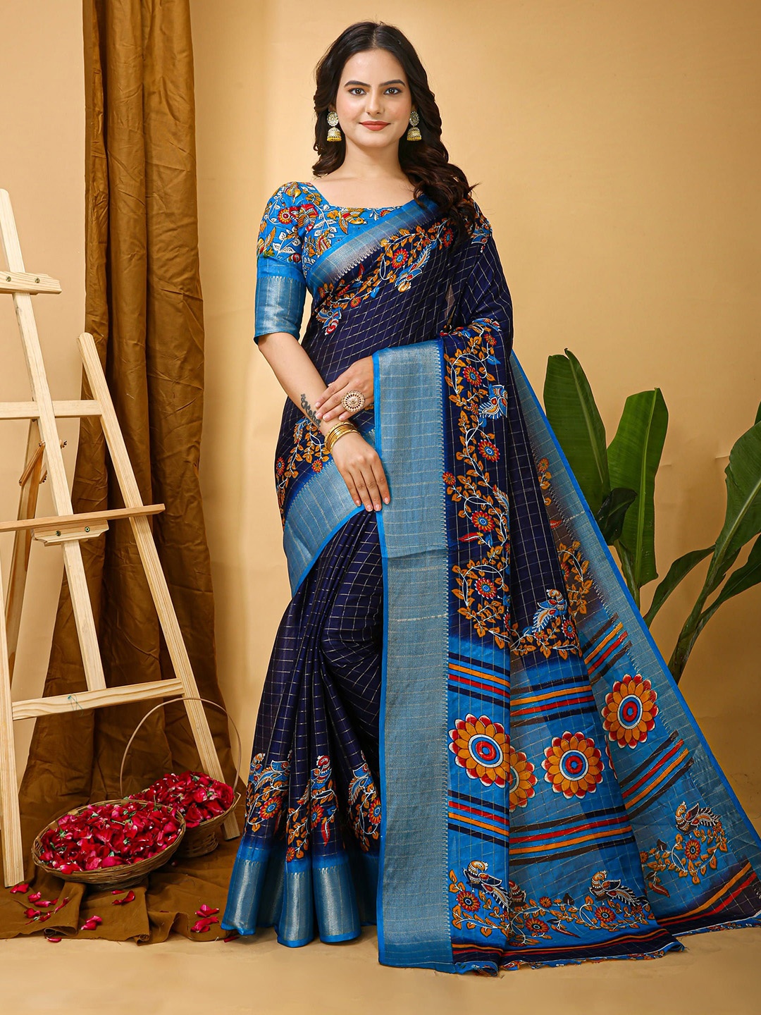 

HI FI NX Kalamkari Zari Banarasi Saree, Navy blue