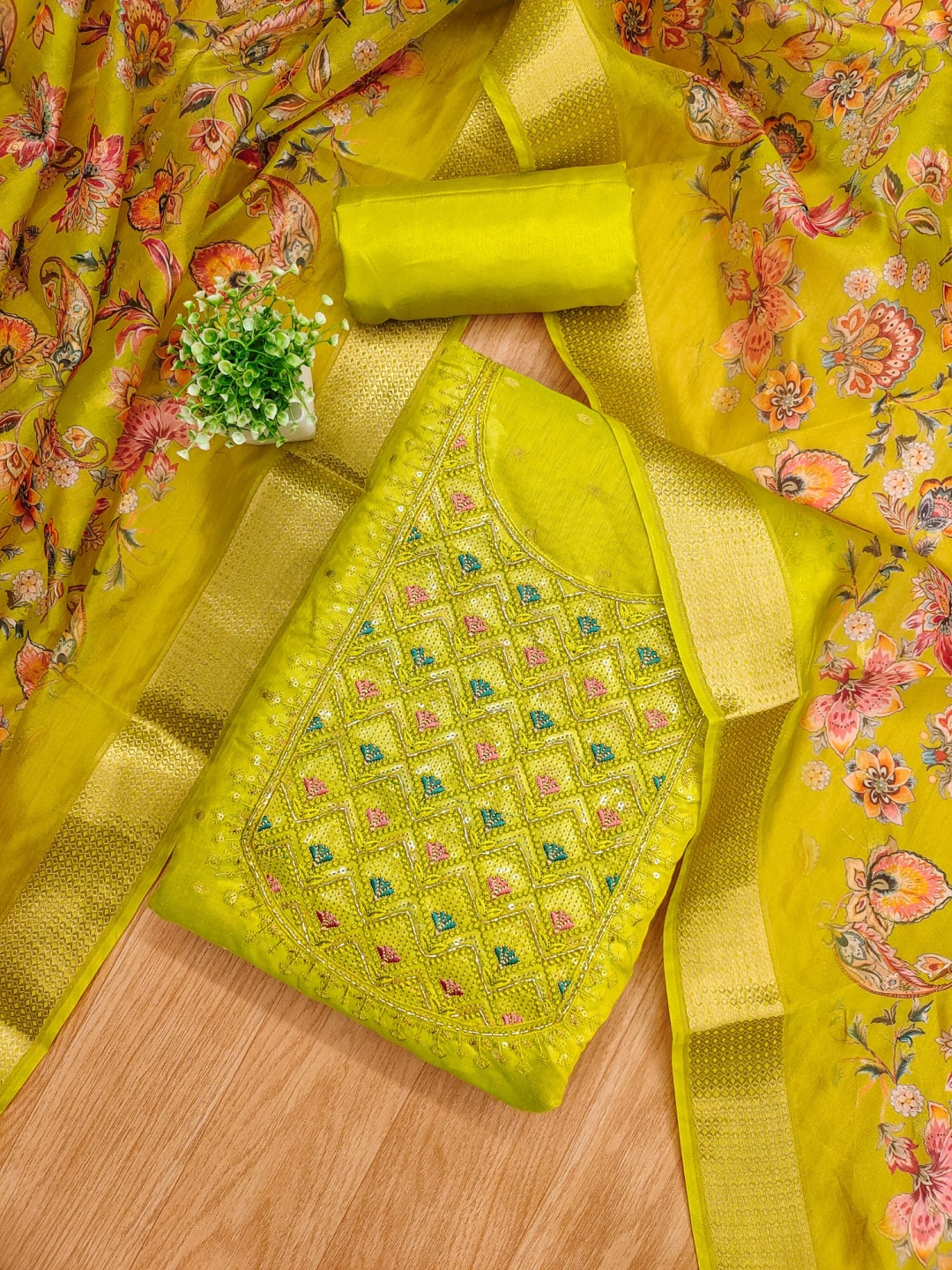 

KALINI Floral Embroidered Sequinned Chanderi Unstitched Dress Material, Green