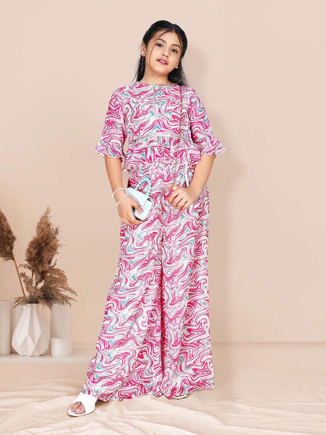 

Sangria Girls White Printed Poly Georgette Top With Palazzos, Pink