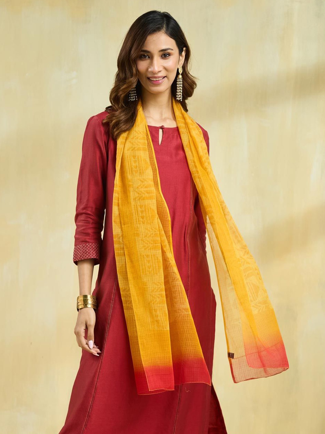 

Fabindia Women Woven Design Printed Stole, Mustard