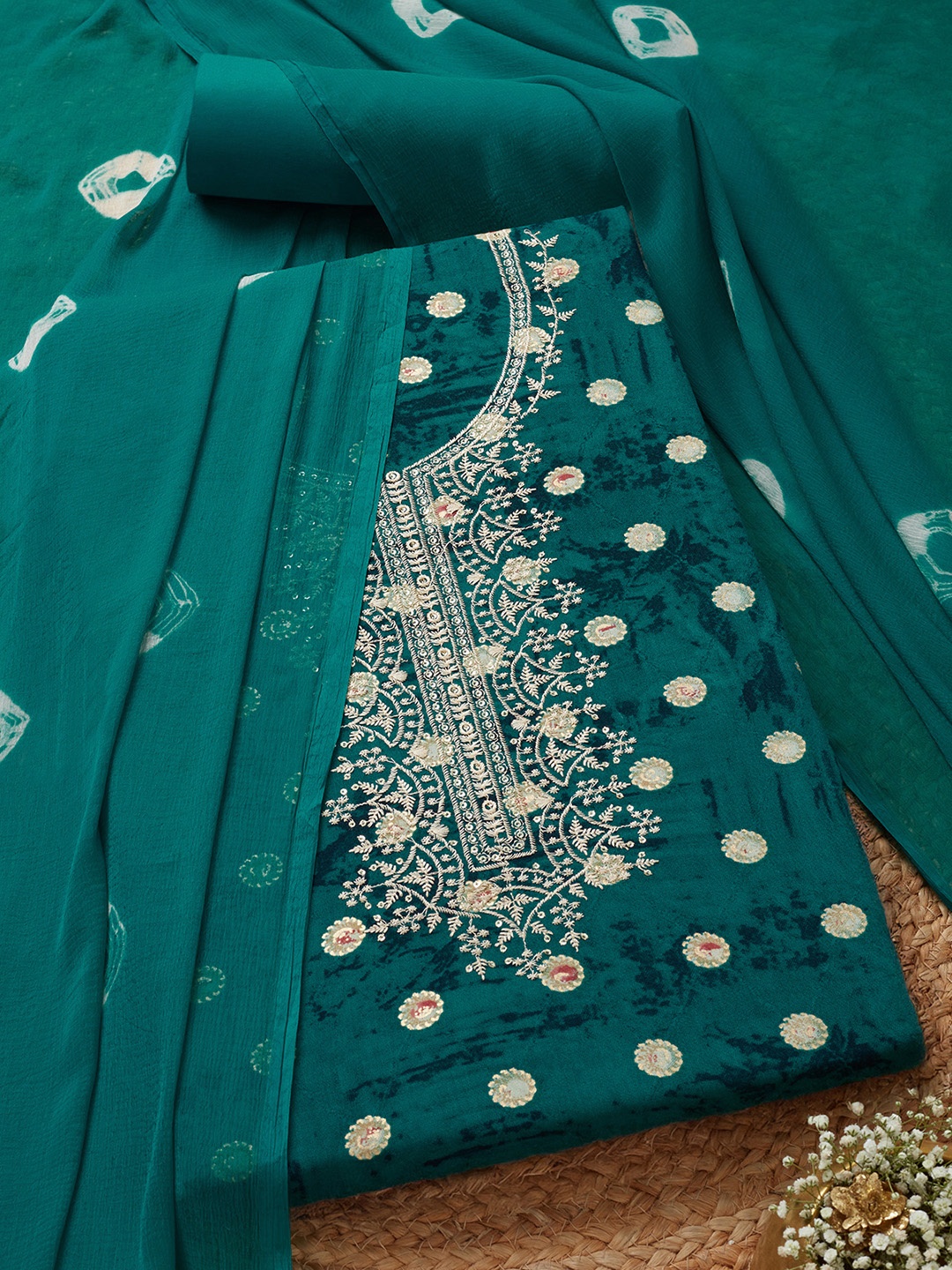 

Soch Floral Embroidered Sequinned Unstitched Dress Material, Teal
