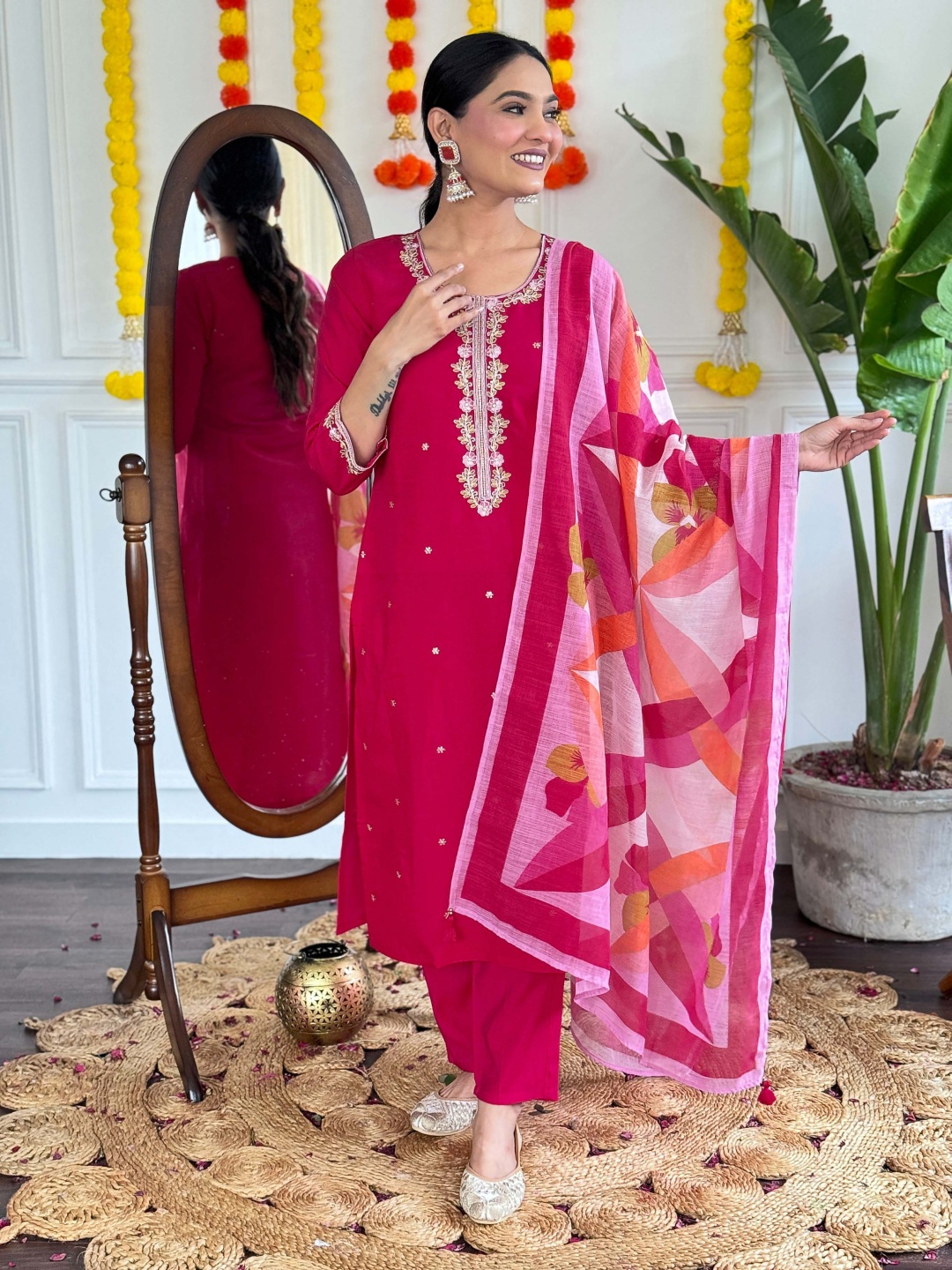 

KALINI Floral Embroidered Thread Work Chanderi Silk Kurta With Trousers And Dupatta, Pink