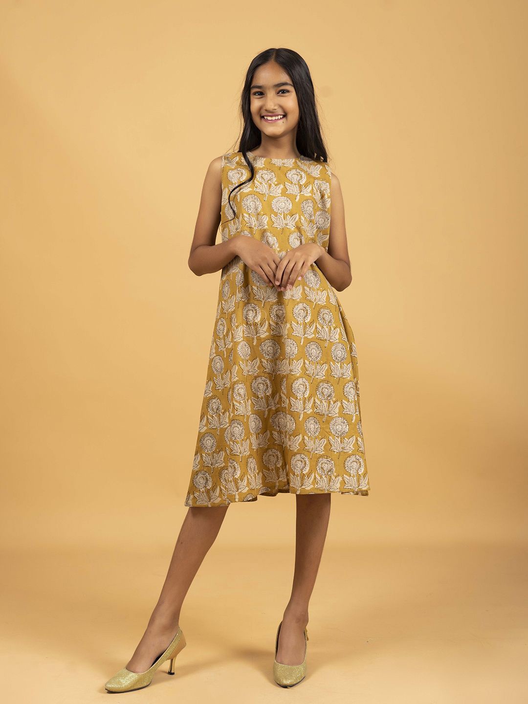 

SPARSA Girls Ethnic Motifs Printed Cotton A-Line Dress, Mustard