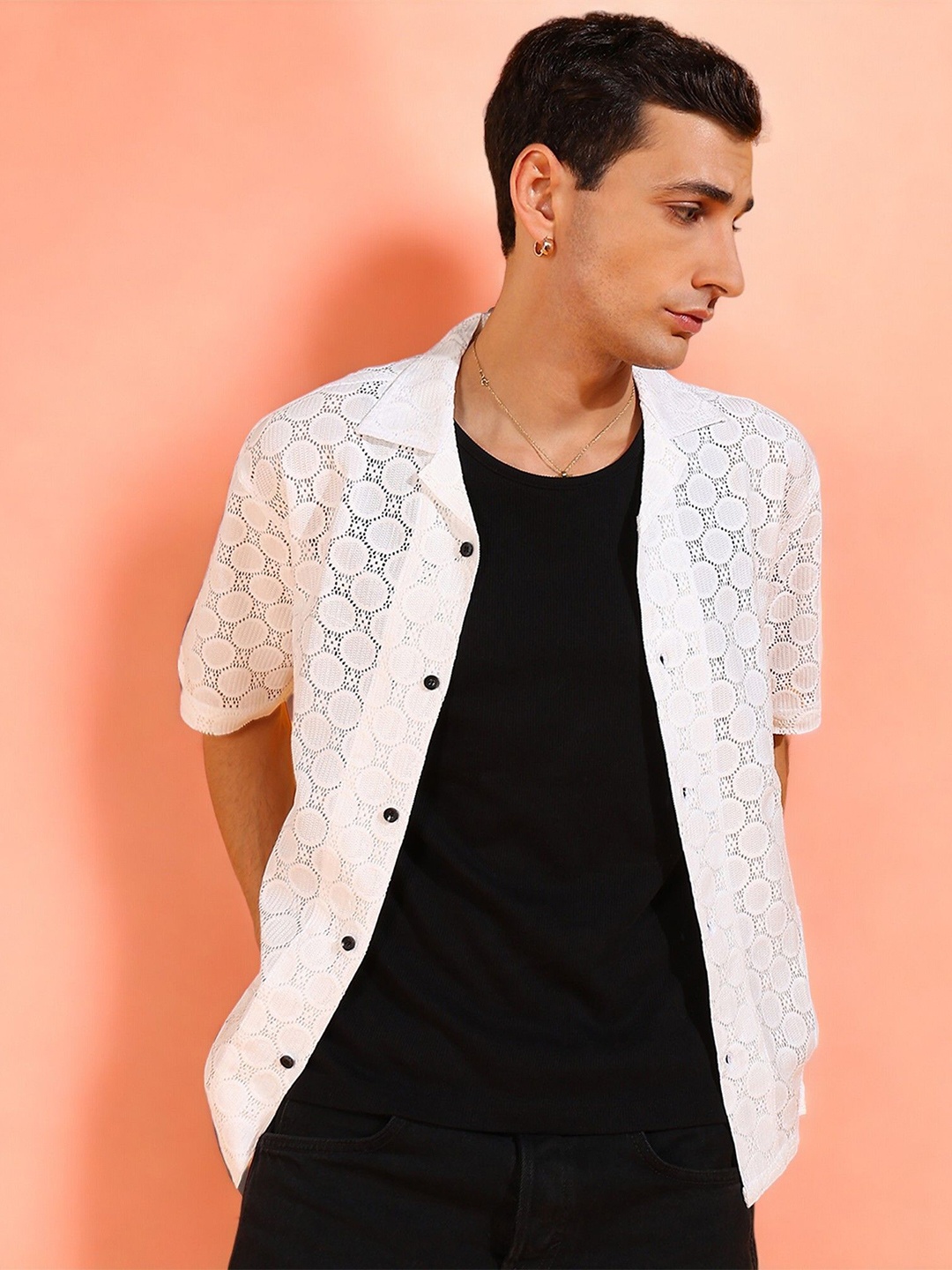 

INDICLUB Men Relaxed Fit Cuban Collar Textured Casual Shirt, White