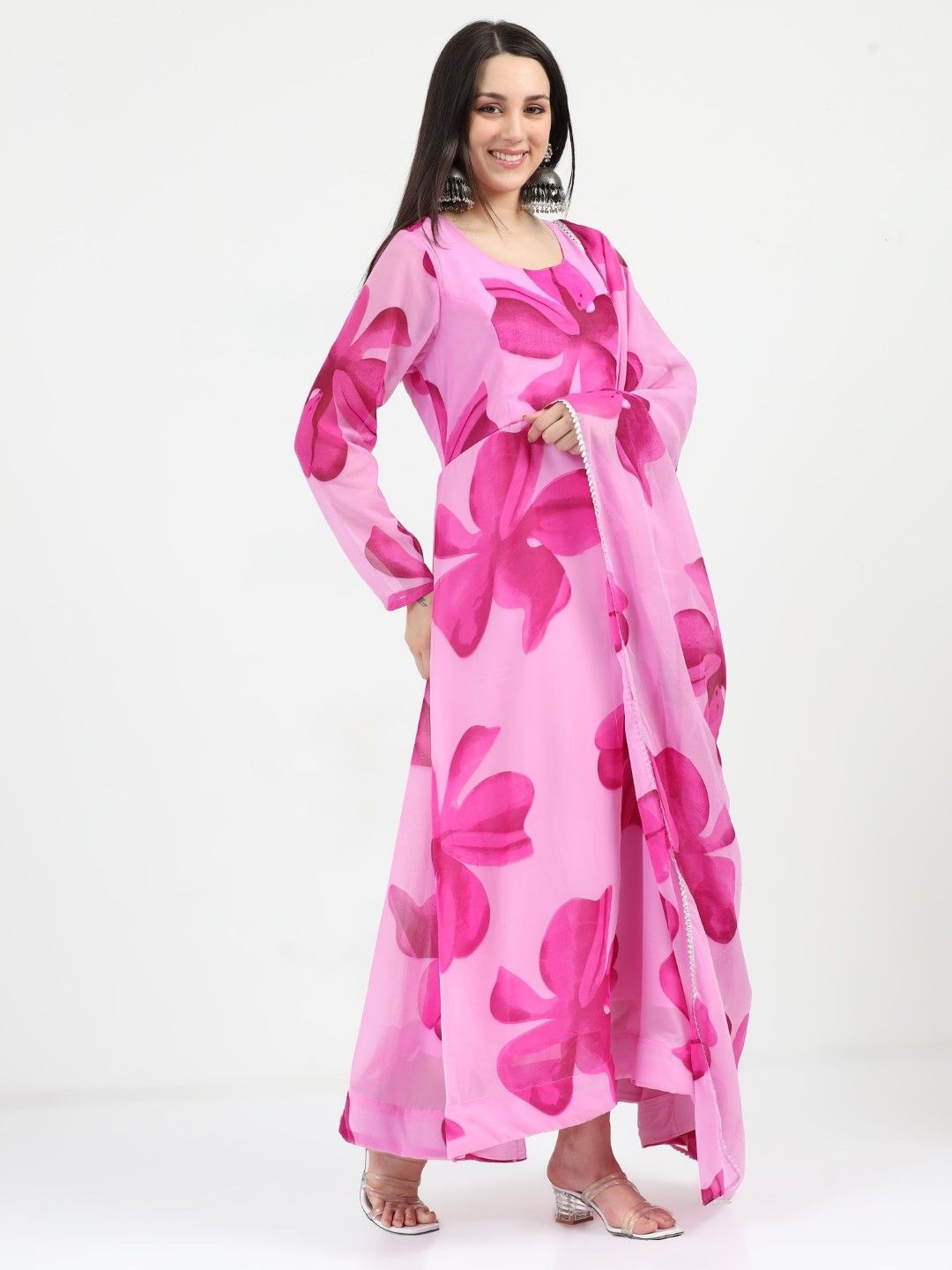 

Raiyani Enterprise Floral Print Crepe Fit & Flare Maxi Dress, Pink