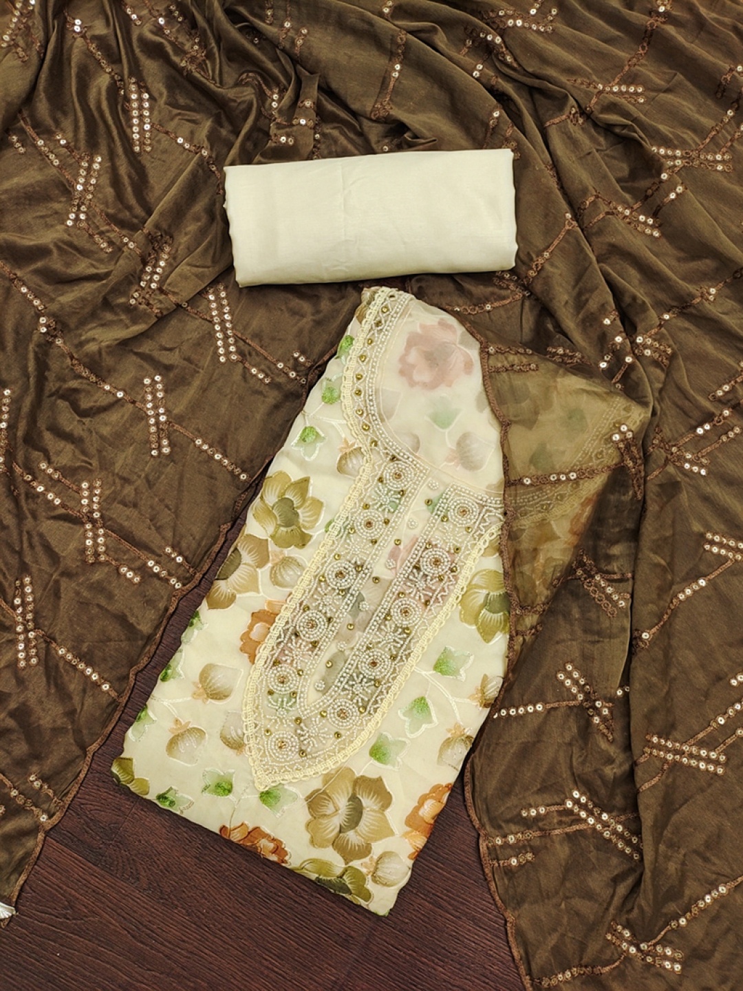 

ASISA Floral Printed Beads And Stones Unstitched Dress Material, Cream