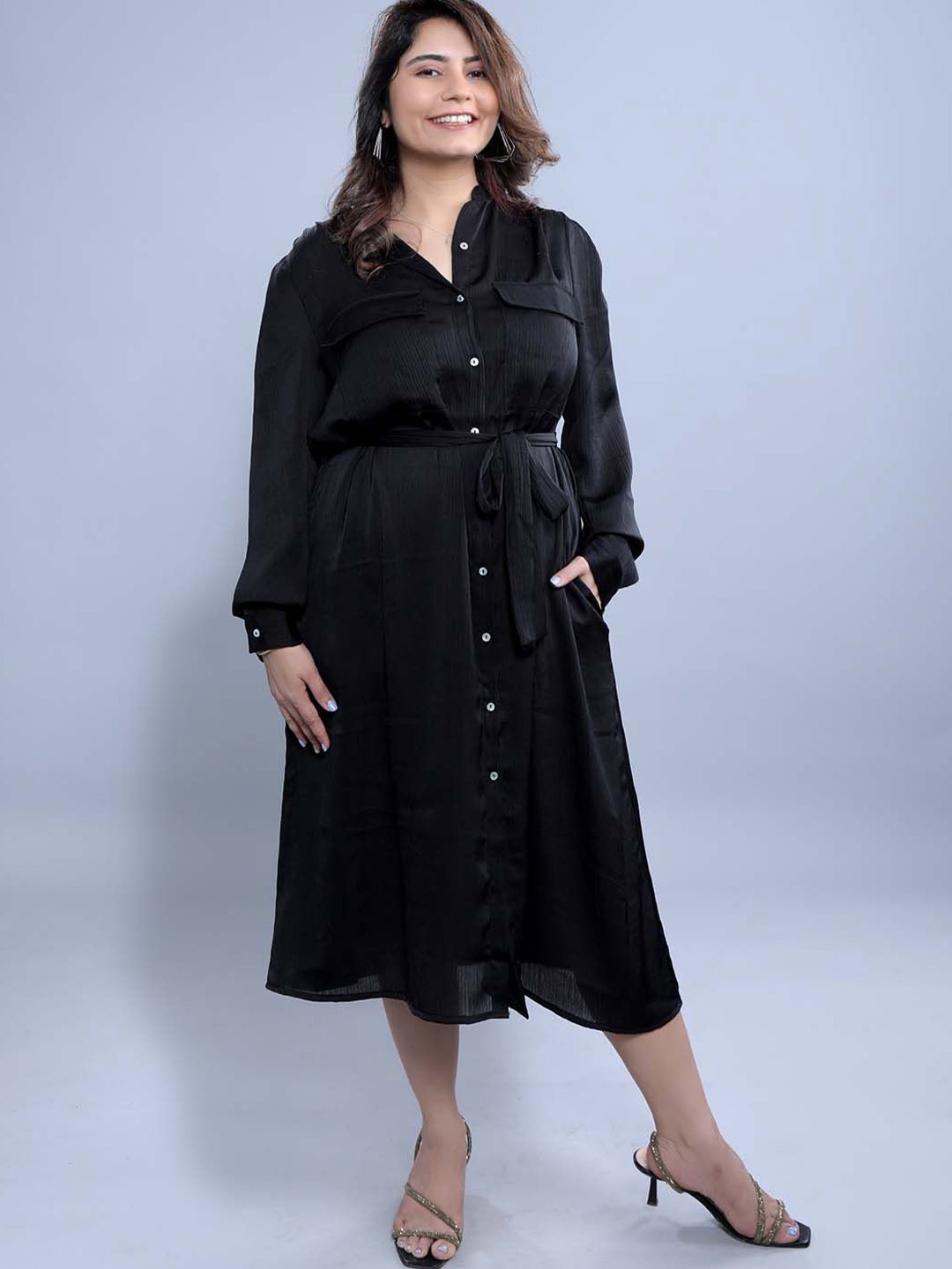 

French Theory Satin Shirt Midi Dress, Black