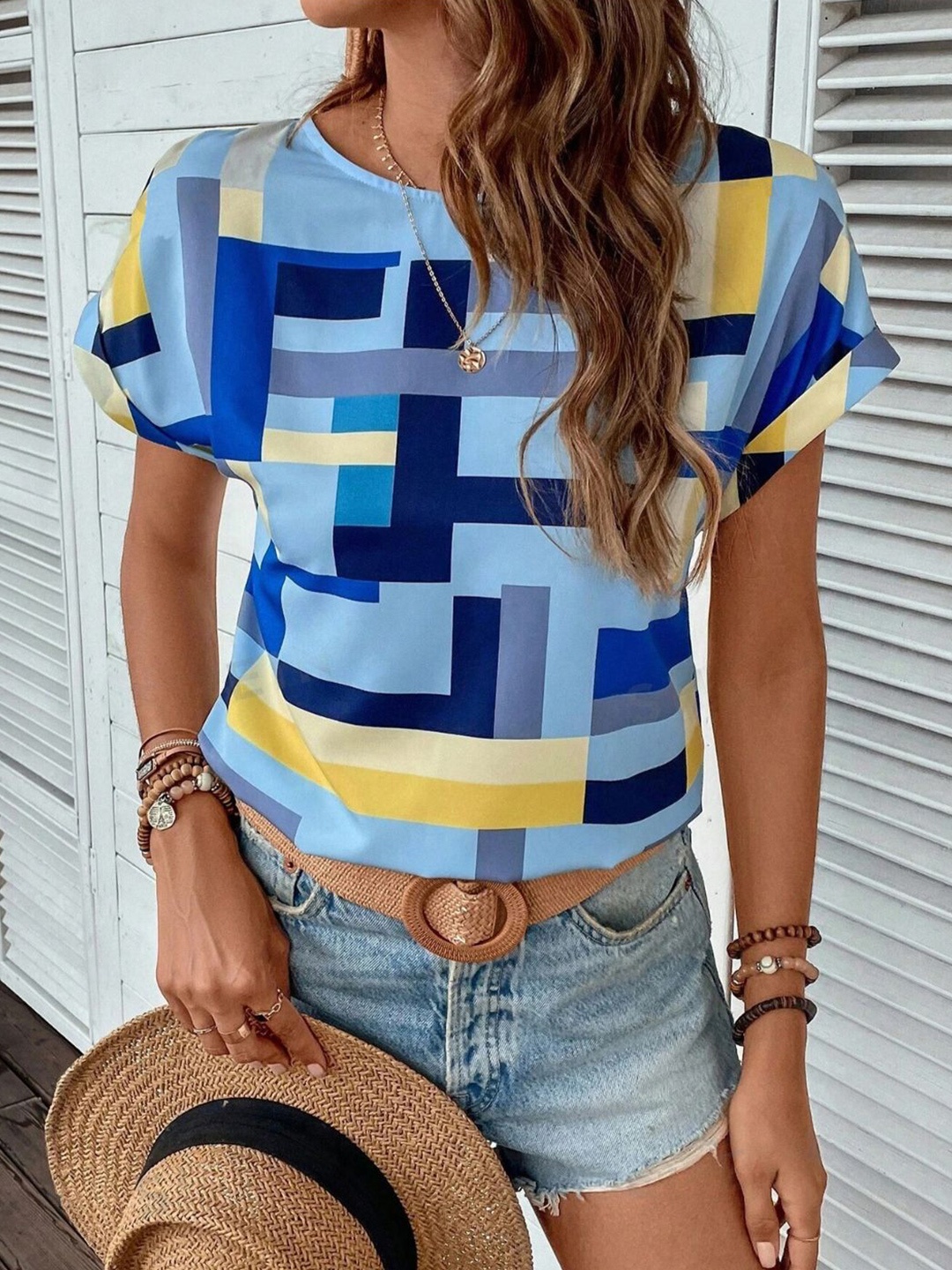 

Moda Rapido Geometric Colourblocked Printed Extended Sleeves Top, Blue