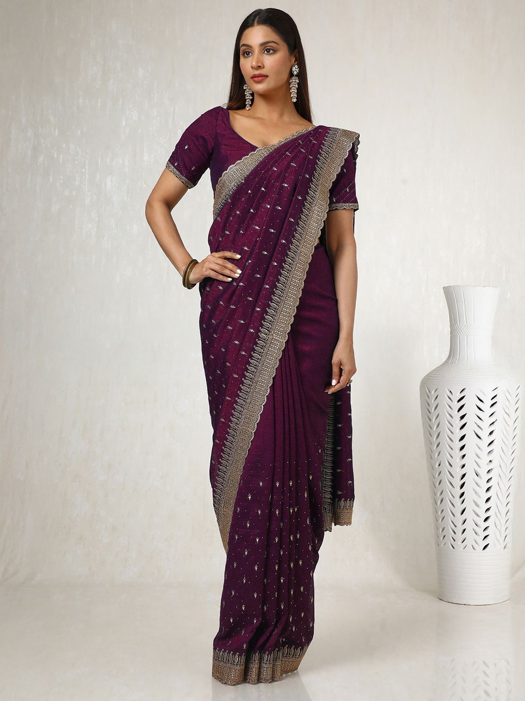 

Soch Floral Beads and Stones Tussar Saree, Purple