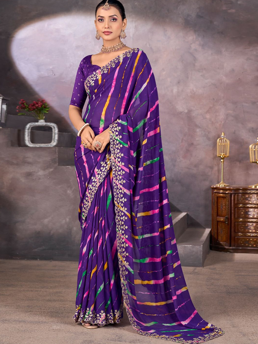 

CHUDIYA Women Striped Printed Sequinned Embellished Pure Chiffon Saree, Purple