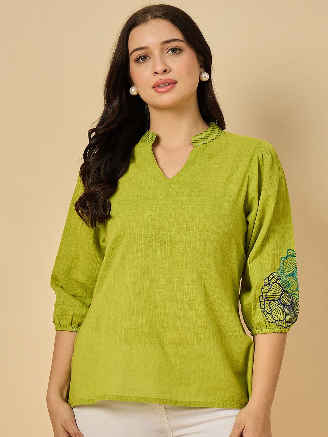 

Azira Women Mandarin Collar Puff Sleeve Cotton Top, Lime green