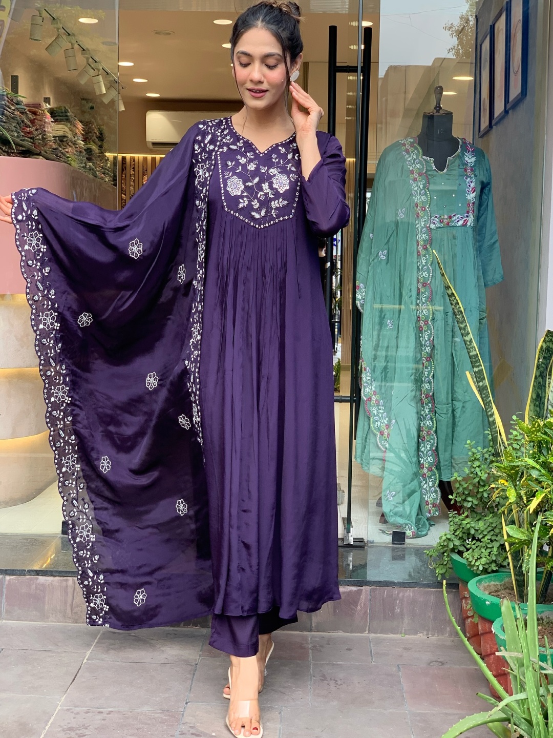 

KALINI Floral Yoke Design Notch Neck Thread Work Straight Kurta With Trousers And Dupatta, Purple