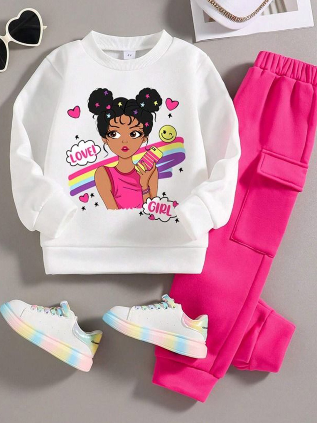 

AVOVU Girls Printed Round Neck Sweatshirt With Jogger, White