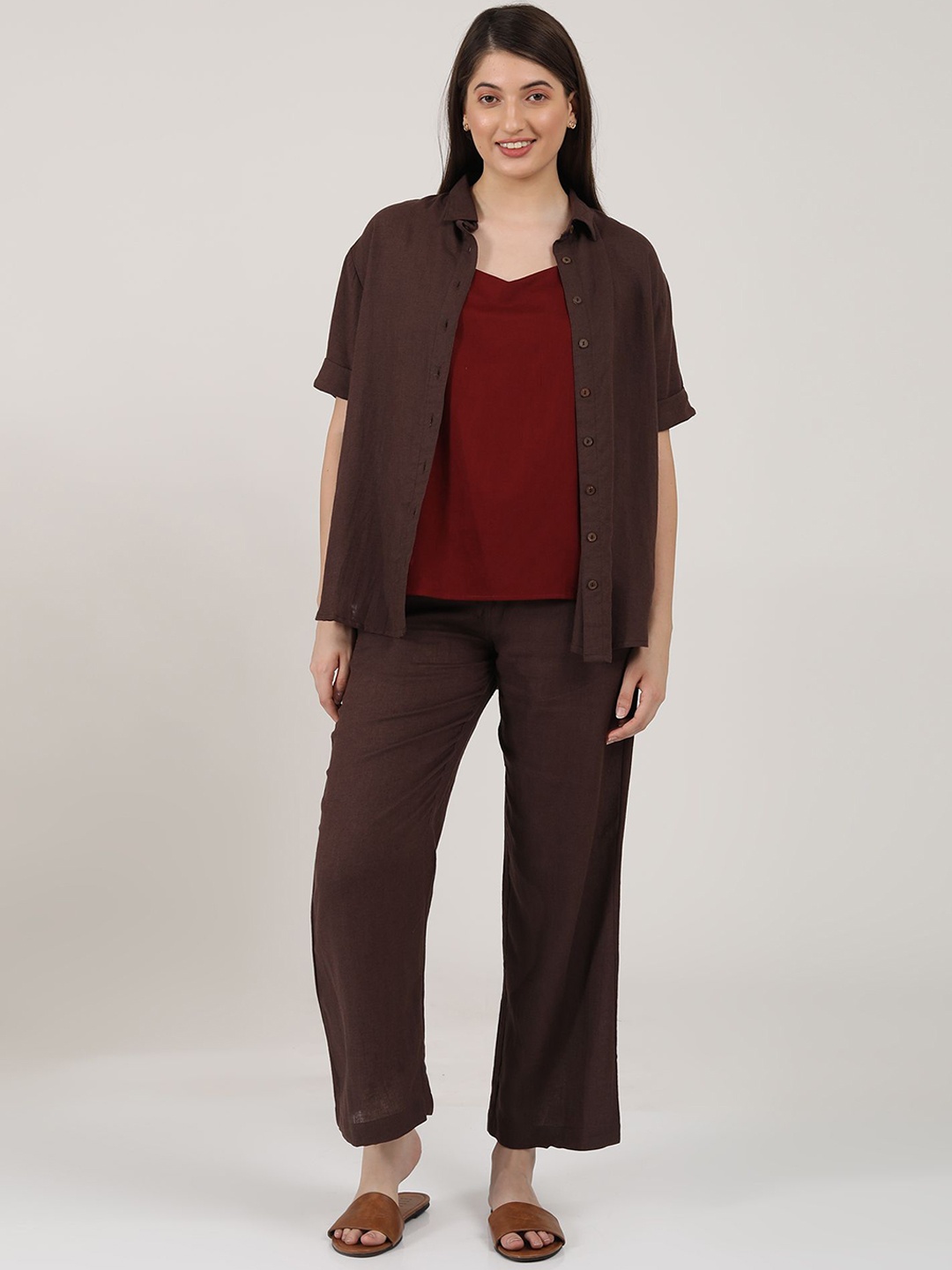 

Saltpetre Overlay Shirt With Slip Top & Pants Co-ords, Coffee brown