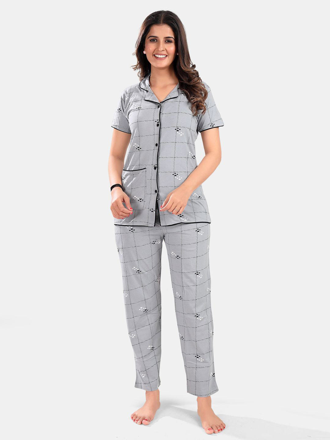 

SWEET MOON Printed Shirt With Pyjama Night suit, Grey